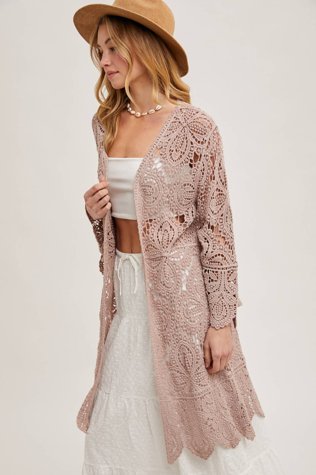 CROCHET OPEN FRONT BELL SLEEVED CARDIGAN: NATURAL / S/M