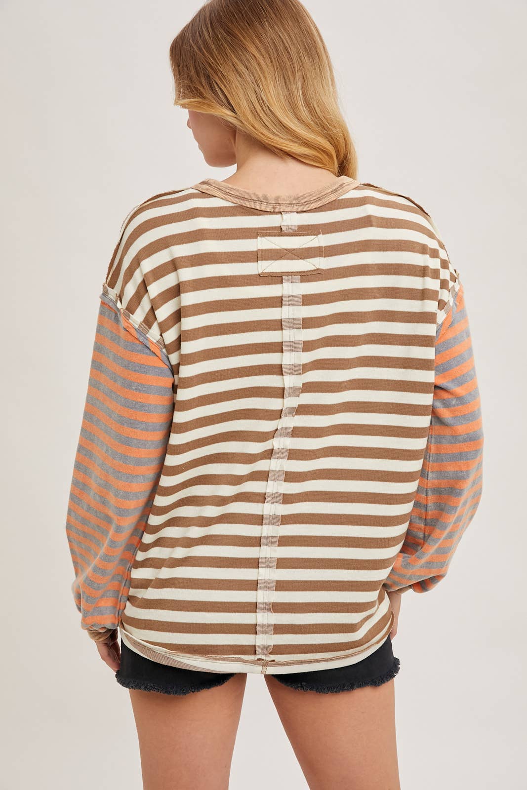 Striped Exposed Seam Loose Fit Pullover Shirt