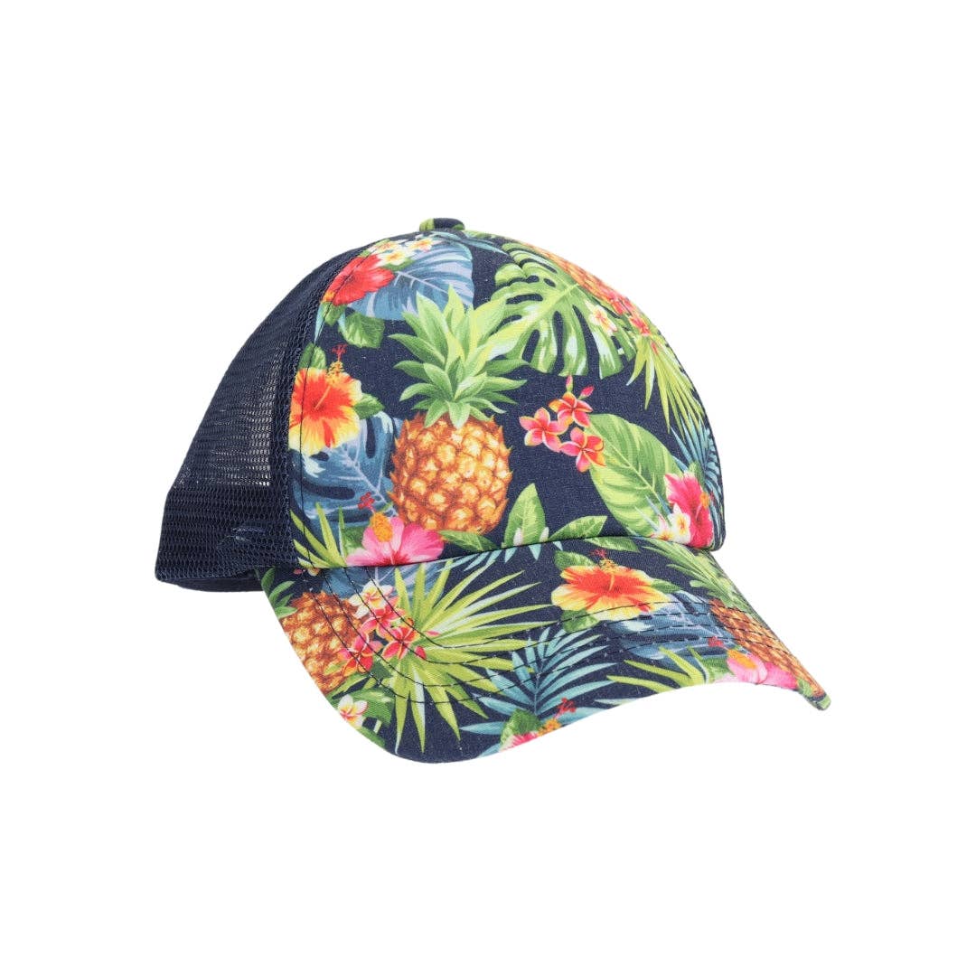 Tropical Palm Print Criss Cross High Pony C.C Ball Cap