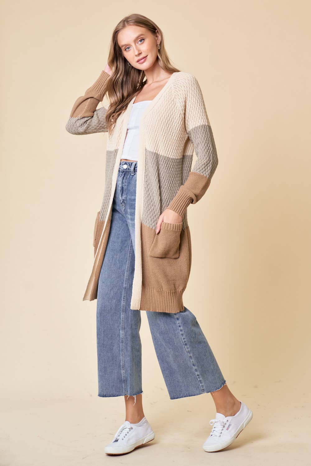 Neutral Color Block Duster Cardigan
