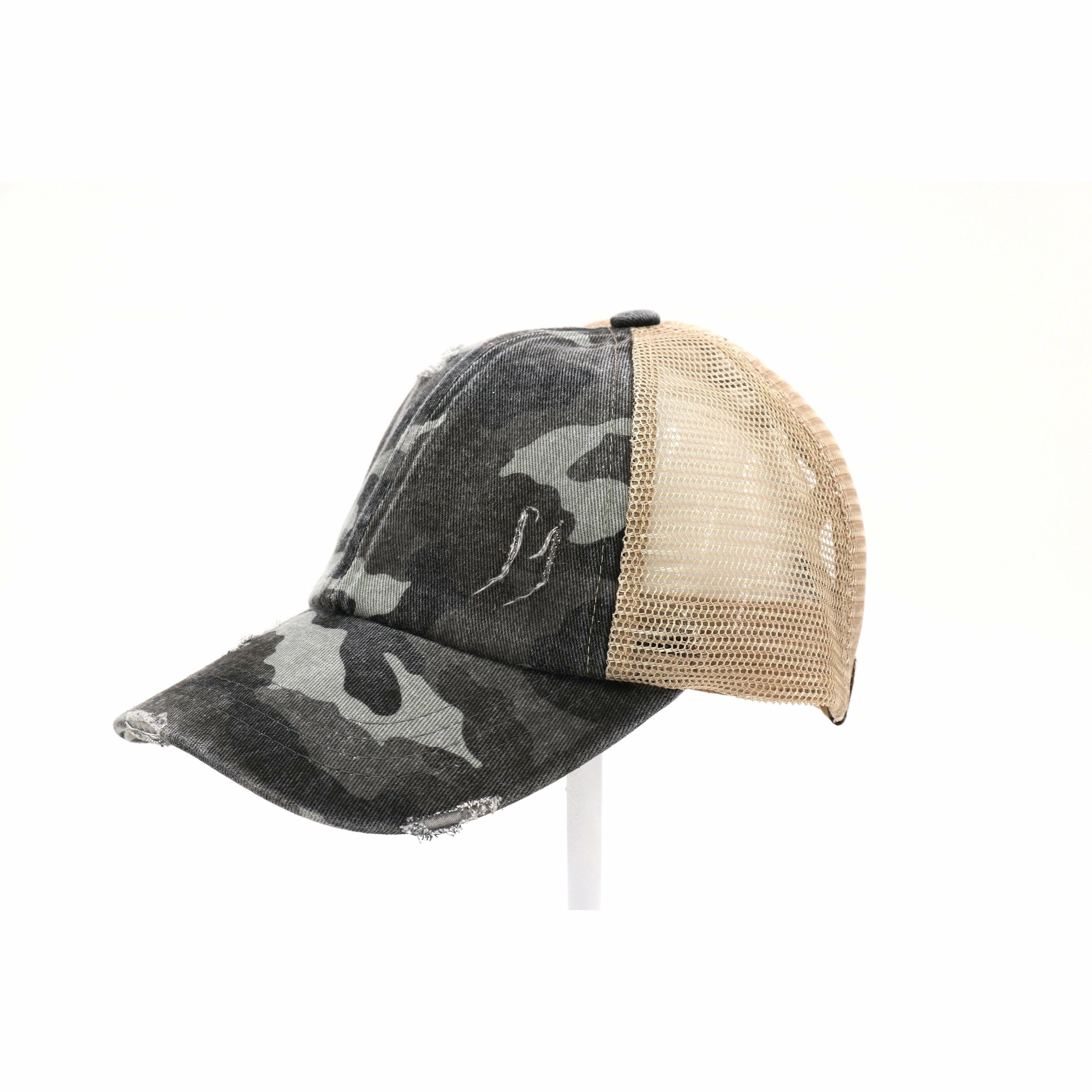Distressed Camouflage Criss-Cross High Ponytail CC Baseball Hat
