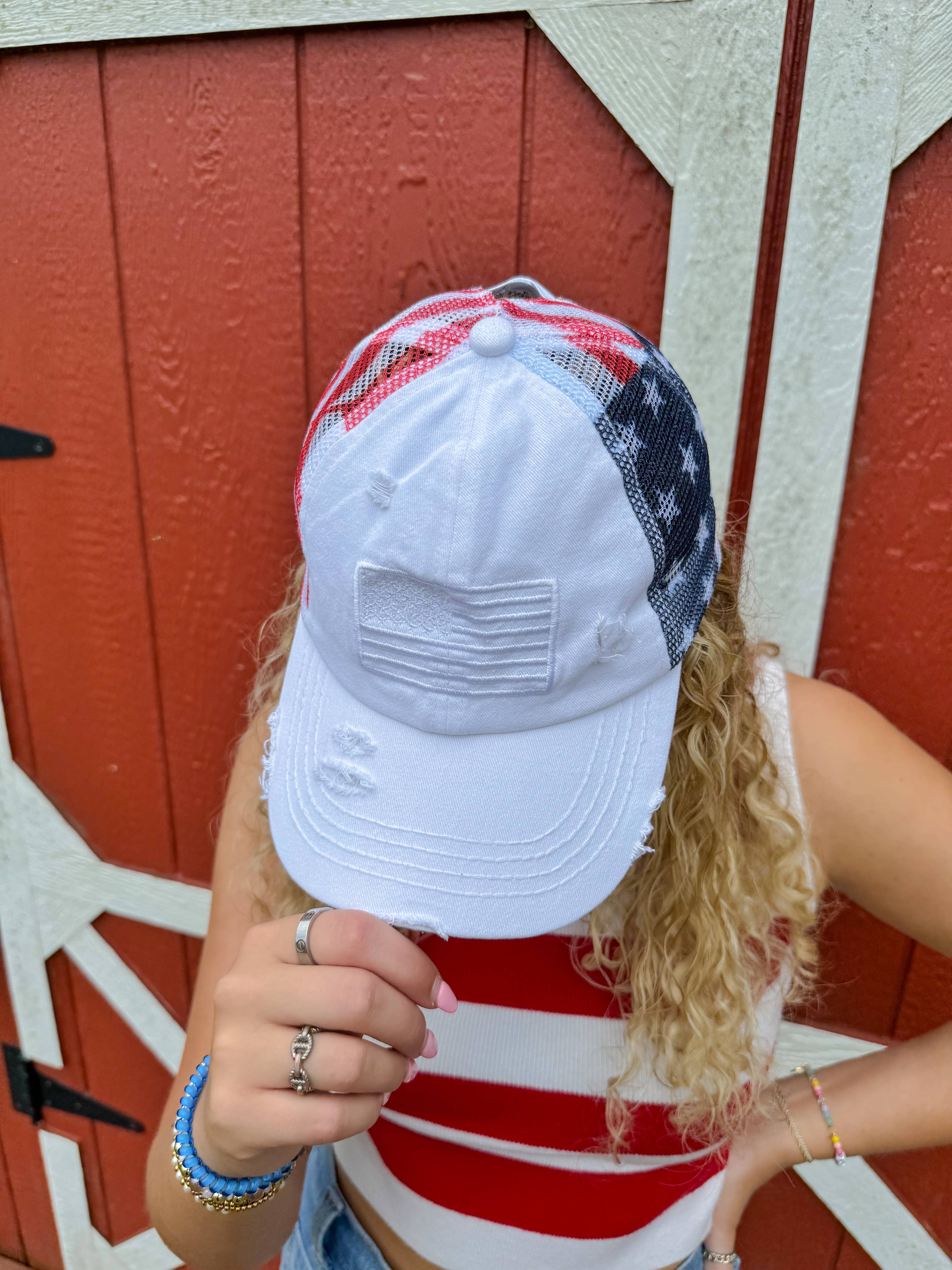 American Flag Criss Cross High Pony C.C Ball Cap BTB8060: White