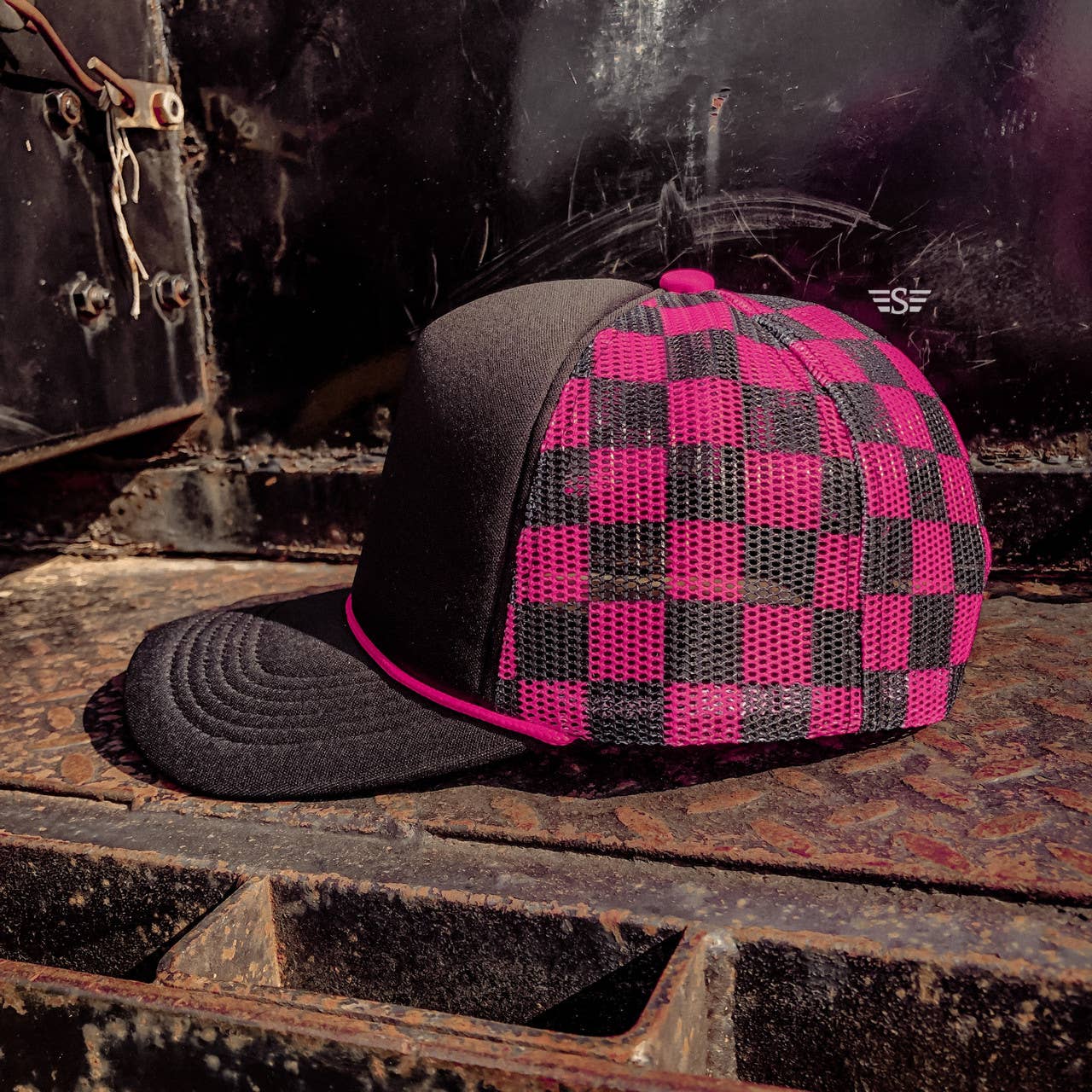 Checkered Mesh Back Cap: Columbia Blue/ White