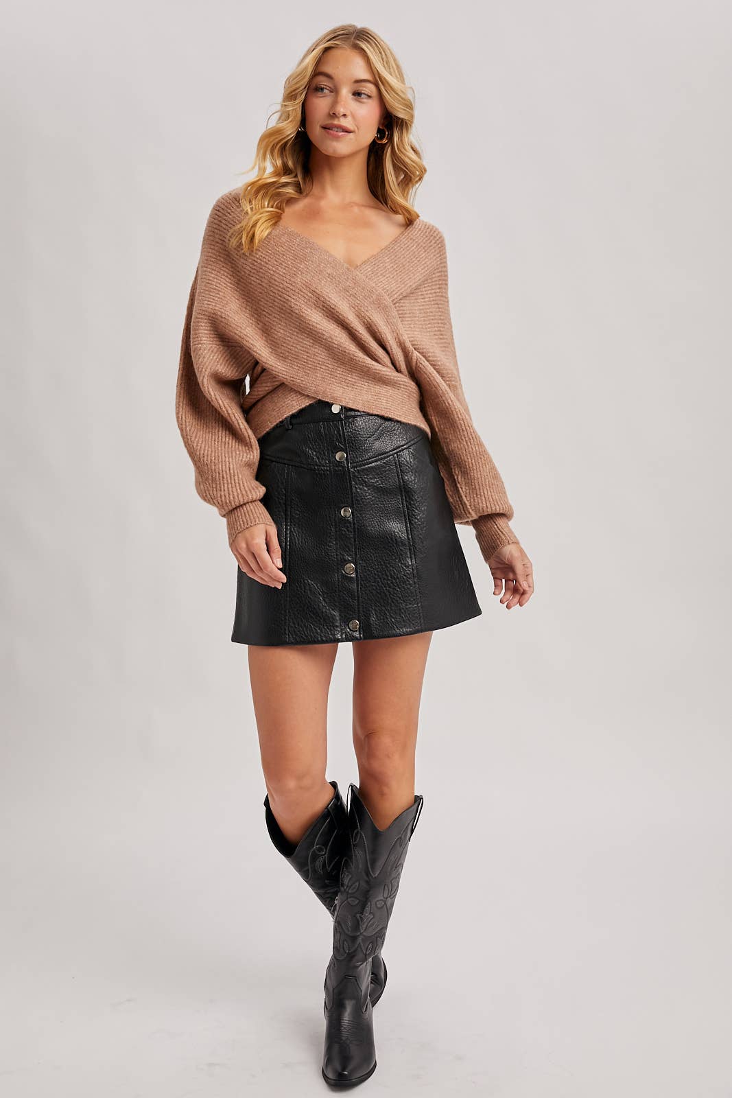 WRAP CROSSOVER RIBBED FUZZY KNIT SWEATER PULLOVER: RUBY / M/L