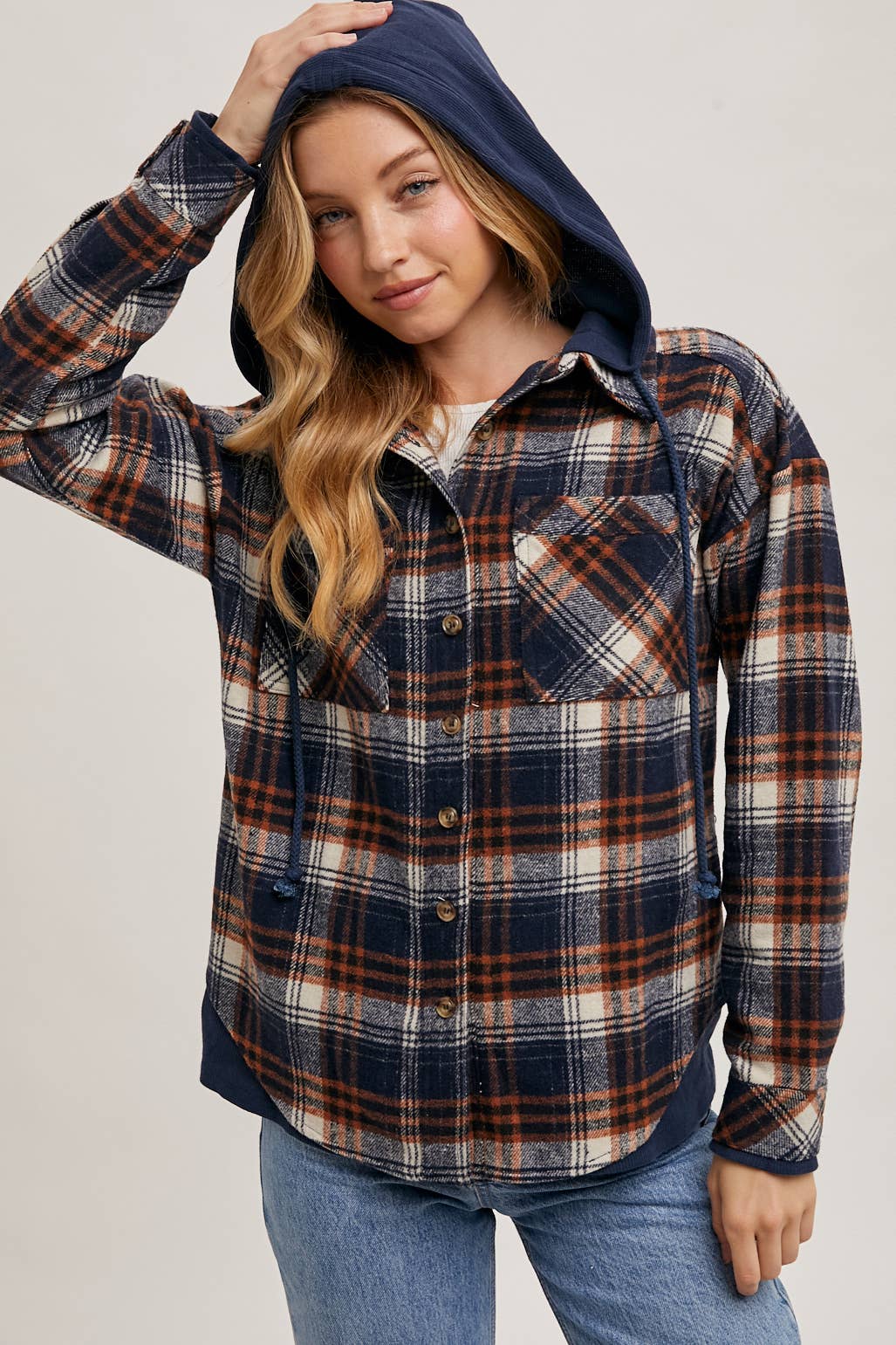 Navy Flannel Hooded Jacket