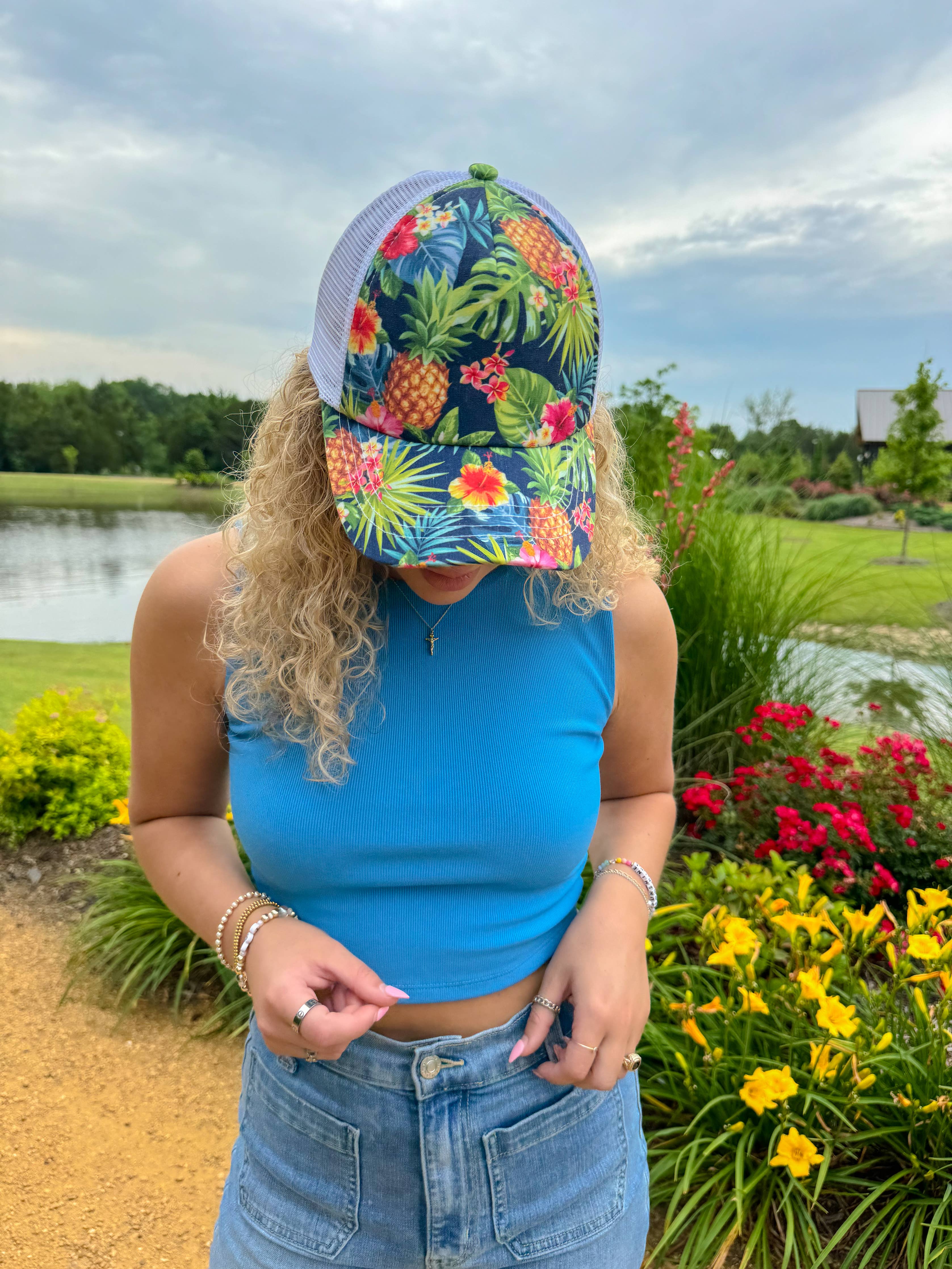 Tropical Palm Print Criss Cross High Pony C.C Ball Cap