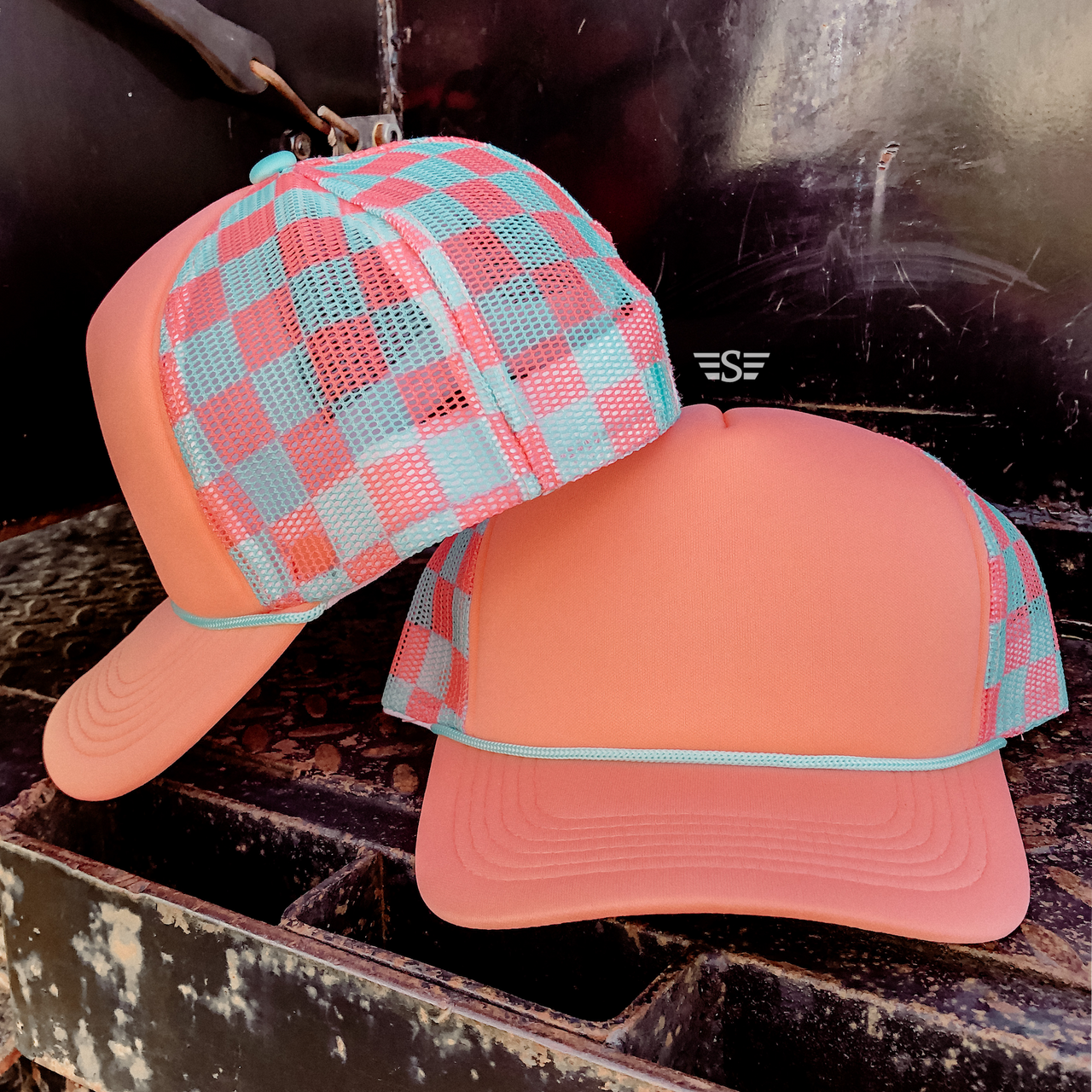 Checkered Mesh Back Cap: Columbia Blue/ White