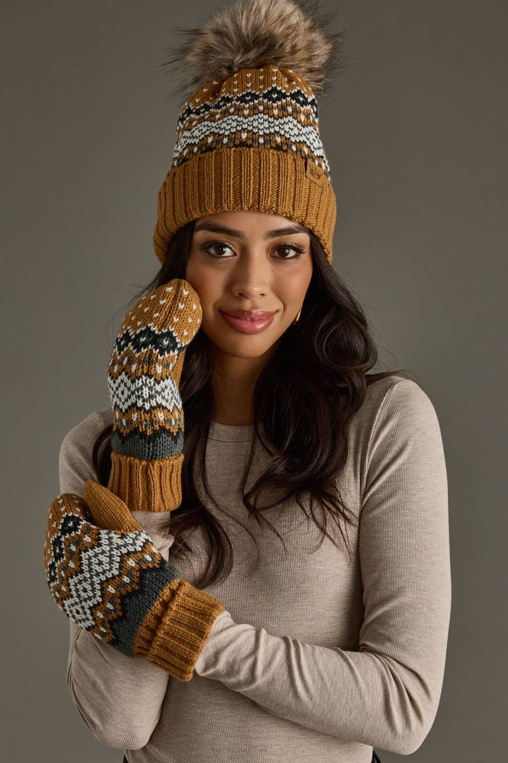 Camel, Black, White & Blue Patterned Pom Hat