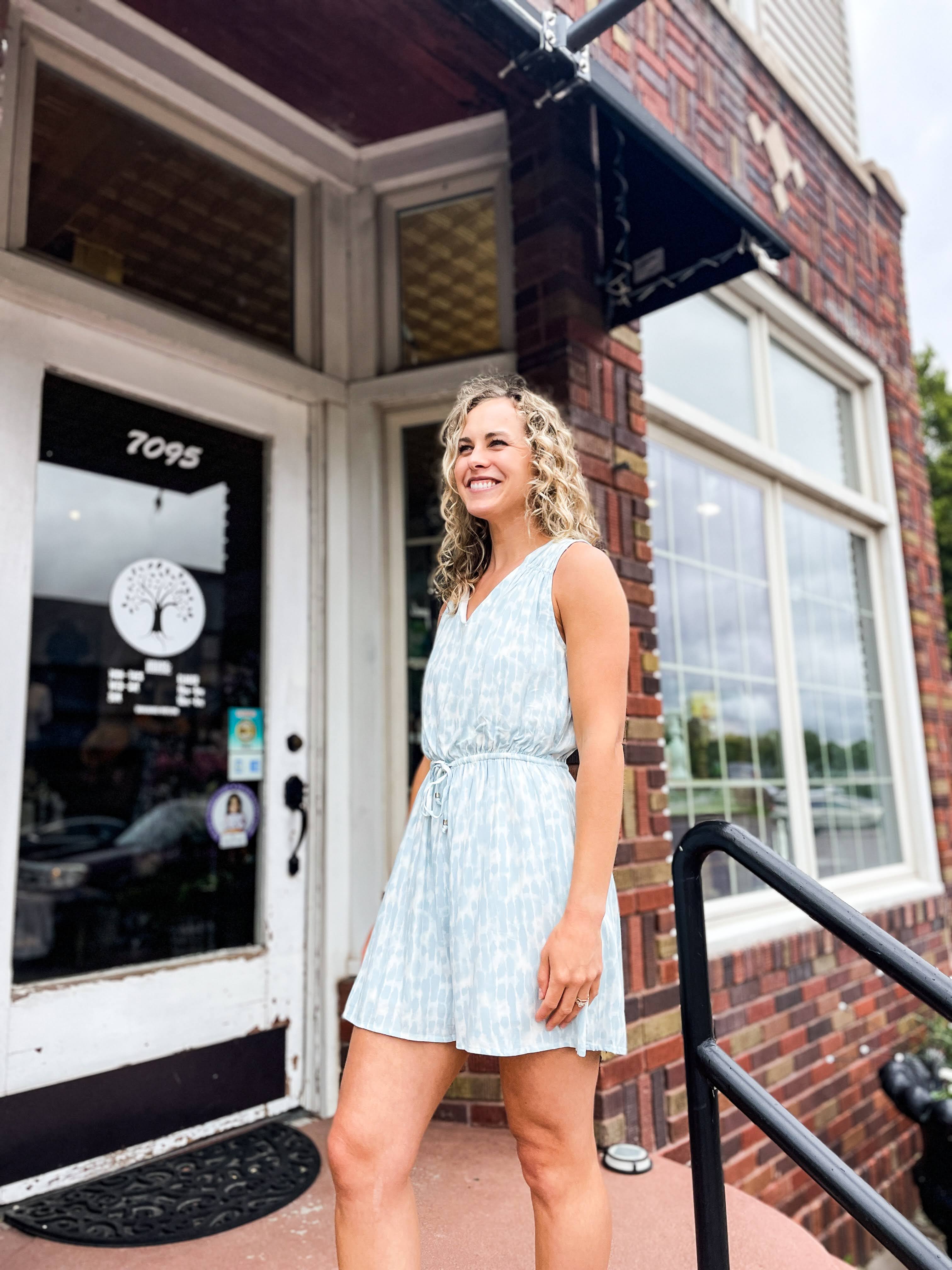 Ruched Romper With Back Tie Closure