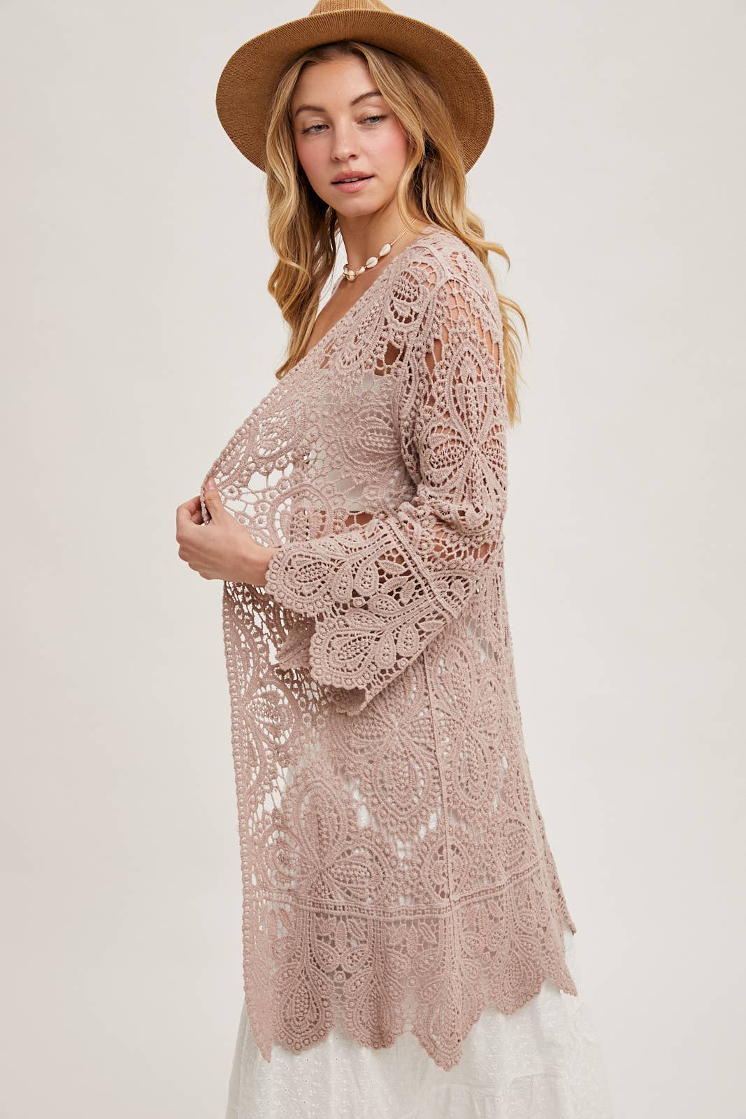CROCHET OPEN FRONT BELL SLEEVED CARDIGAN: NATURAL / S/M