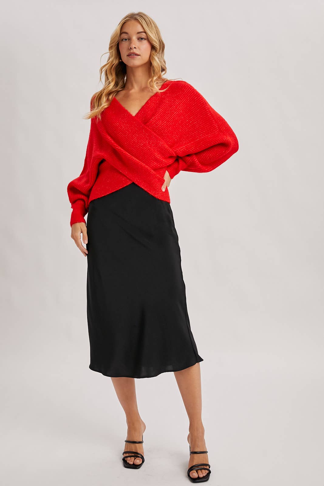WRAP CROSSOVER RIBBED FUZZY KNIT SWEATER PULLOVER: RUBY / M/L