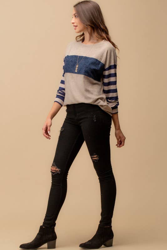 Taupe & Navy Color Block Top With Stripe Sleeve