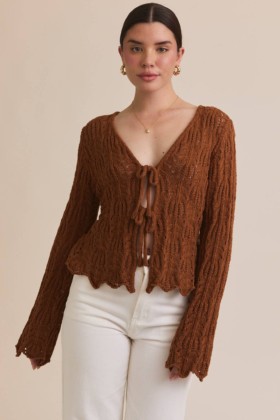 Brown Bell Sleeve Open Knit Cardigan