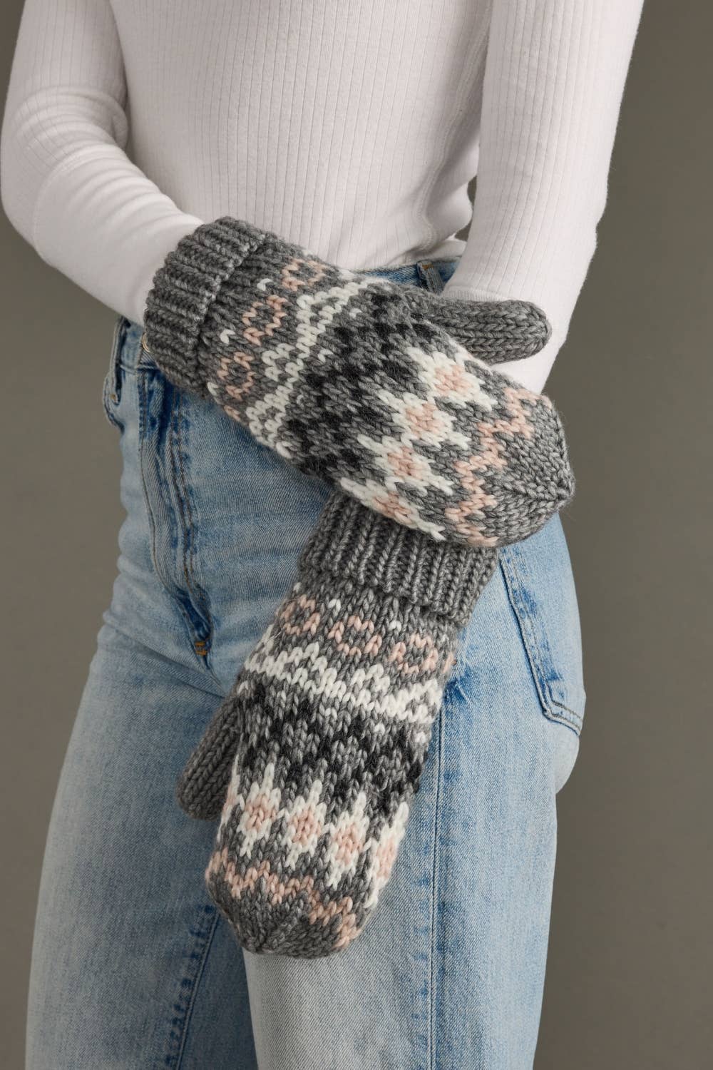 Gray, White & Blush Winter Pattern Mittens