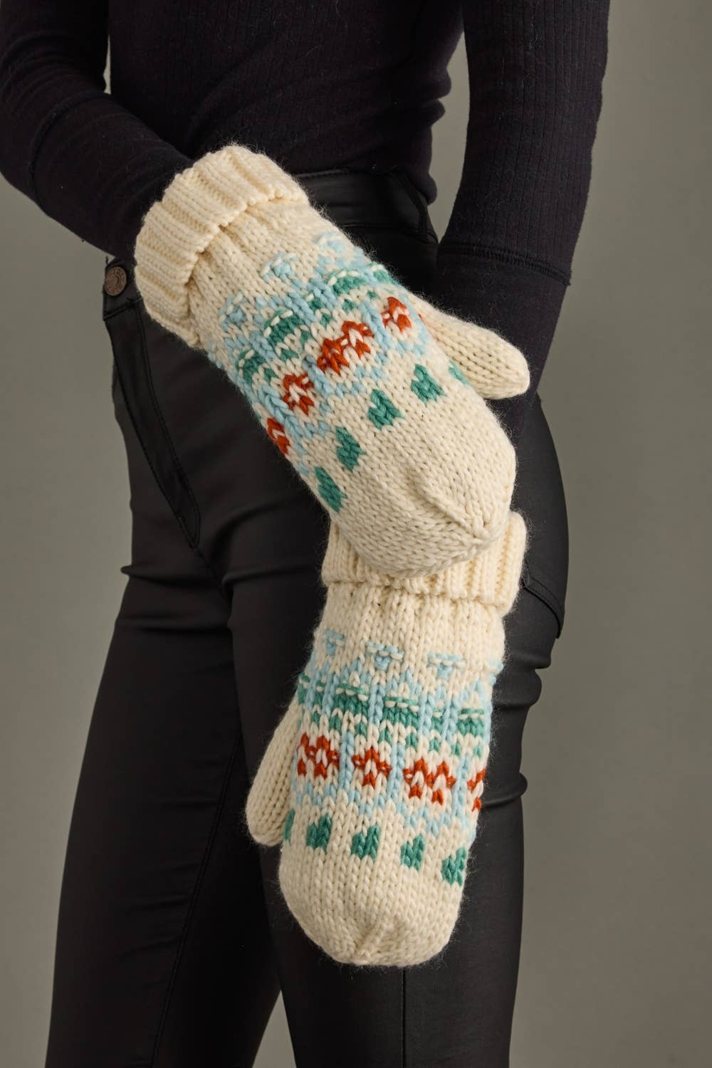 Ivory, Light Blue, Mint & Orange Patterned Mittens