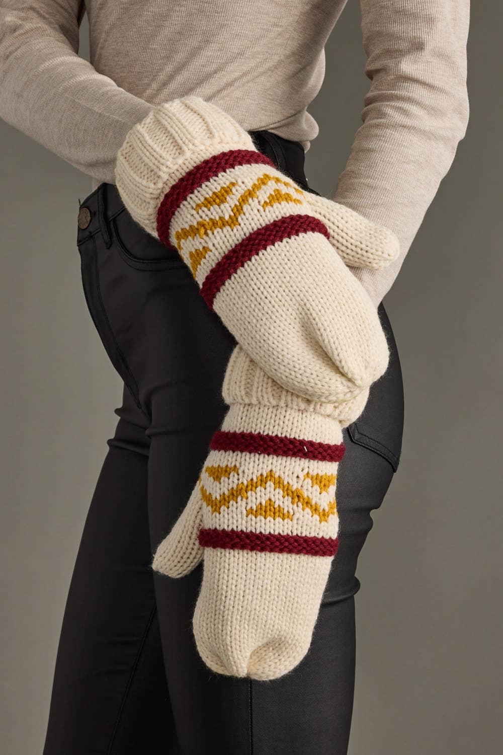 Minnesota Cream, Burgundy & Gold Patterned Mittens