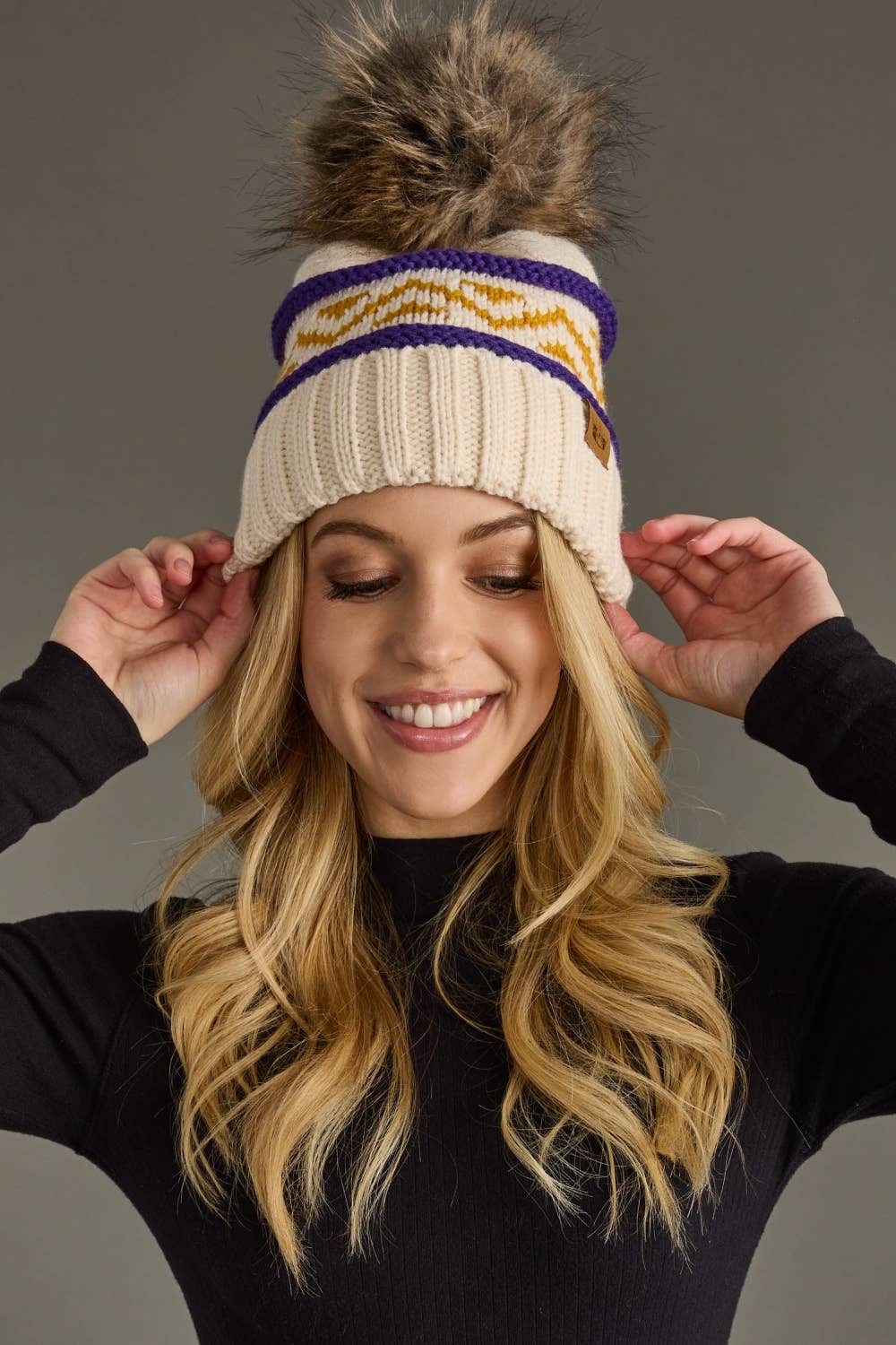 Minnesota Purple & Gold Patterned Pom Beanie