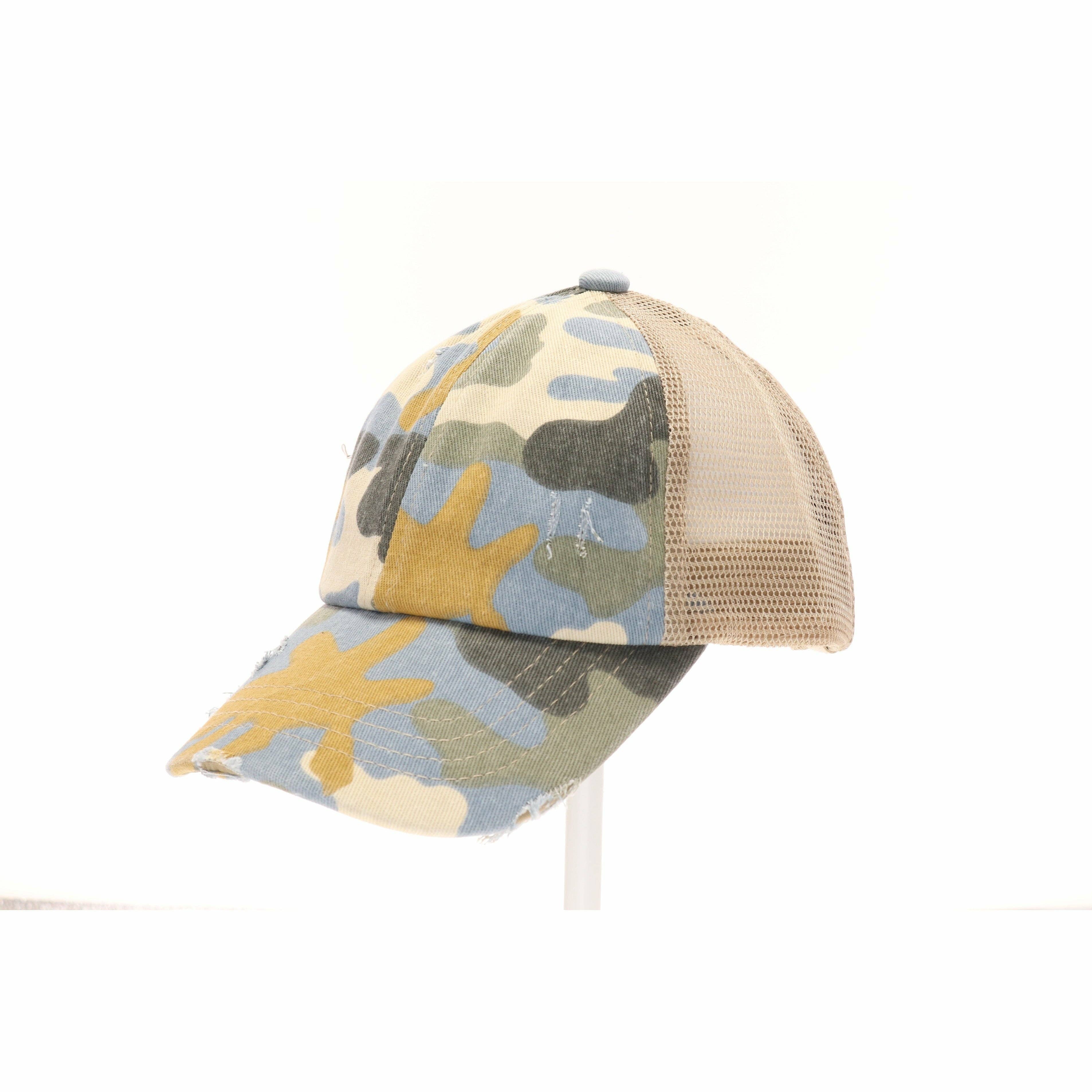 Distressed Camouflage Criss-Cross High Ponytail CC Baseball Hat