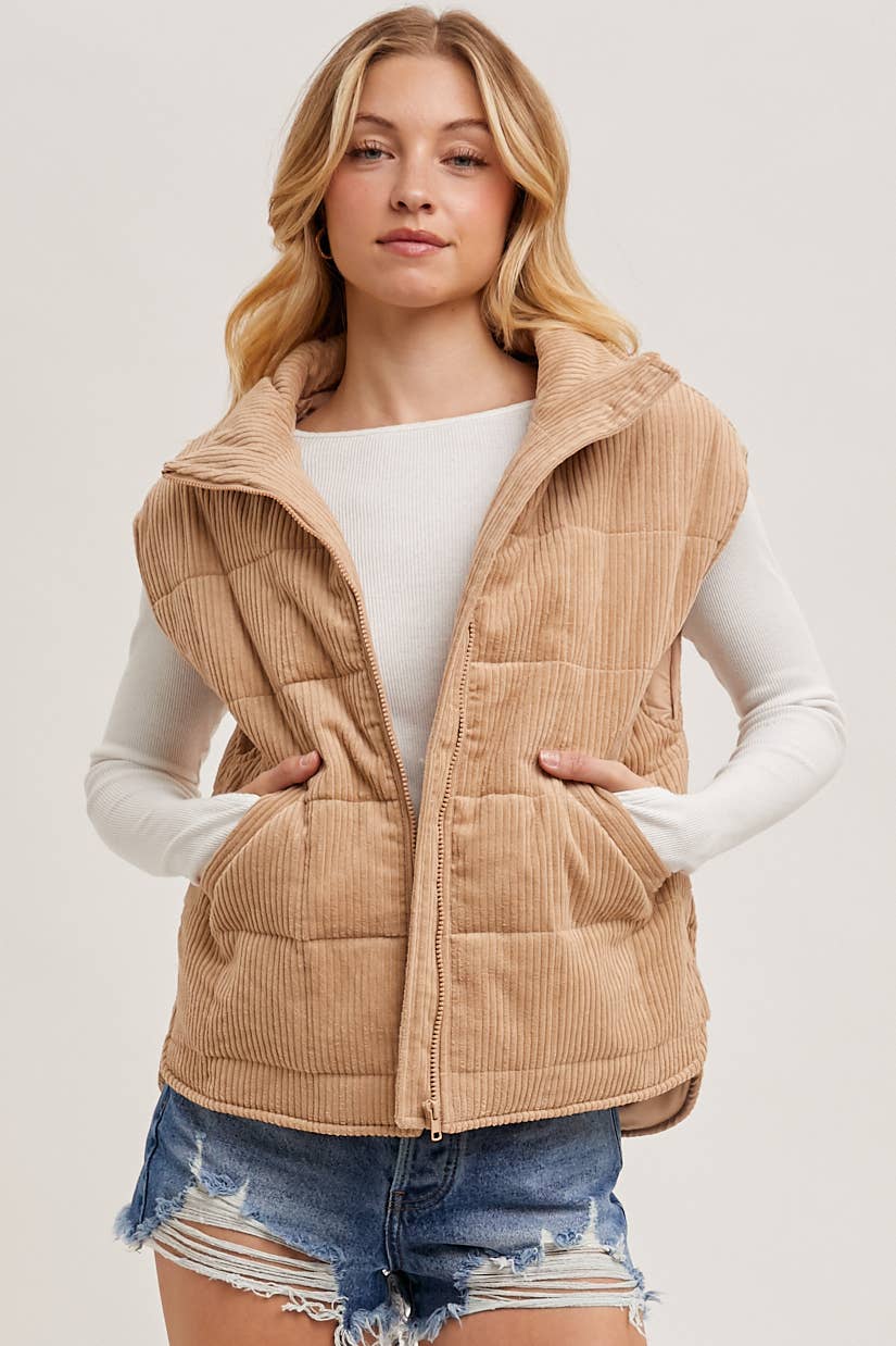 CORDUROY QUILTED PUFFER VEST: CAMEL / M