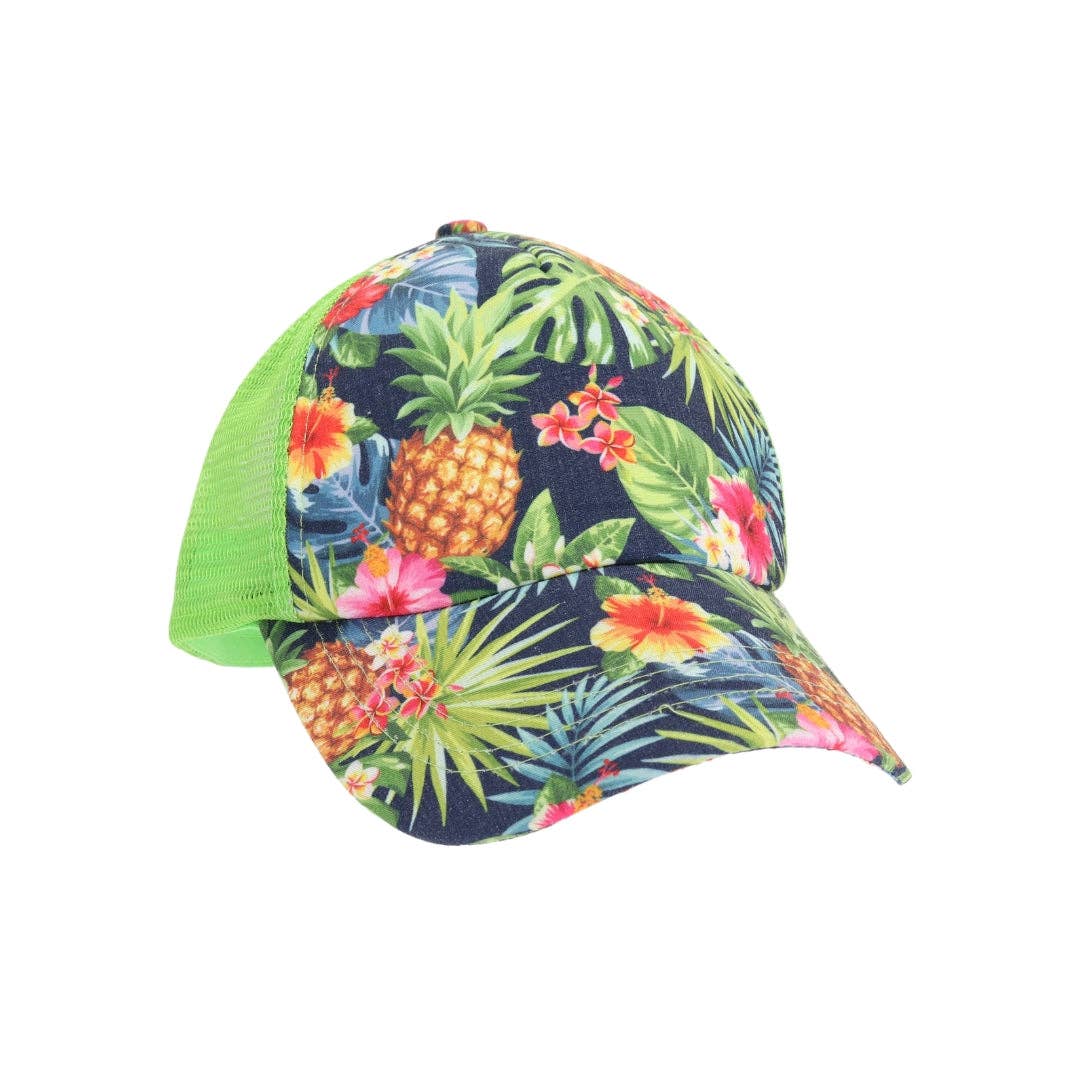 Tropical Palm Print Criss Cross High Pony C.C Ball Cap