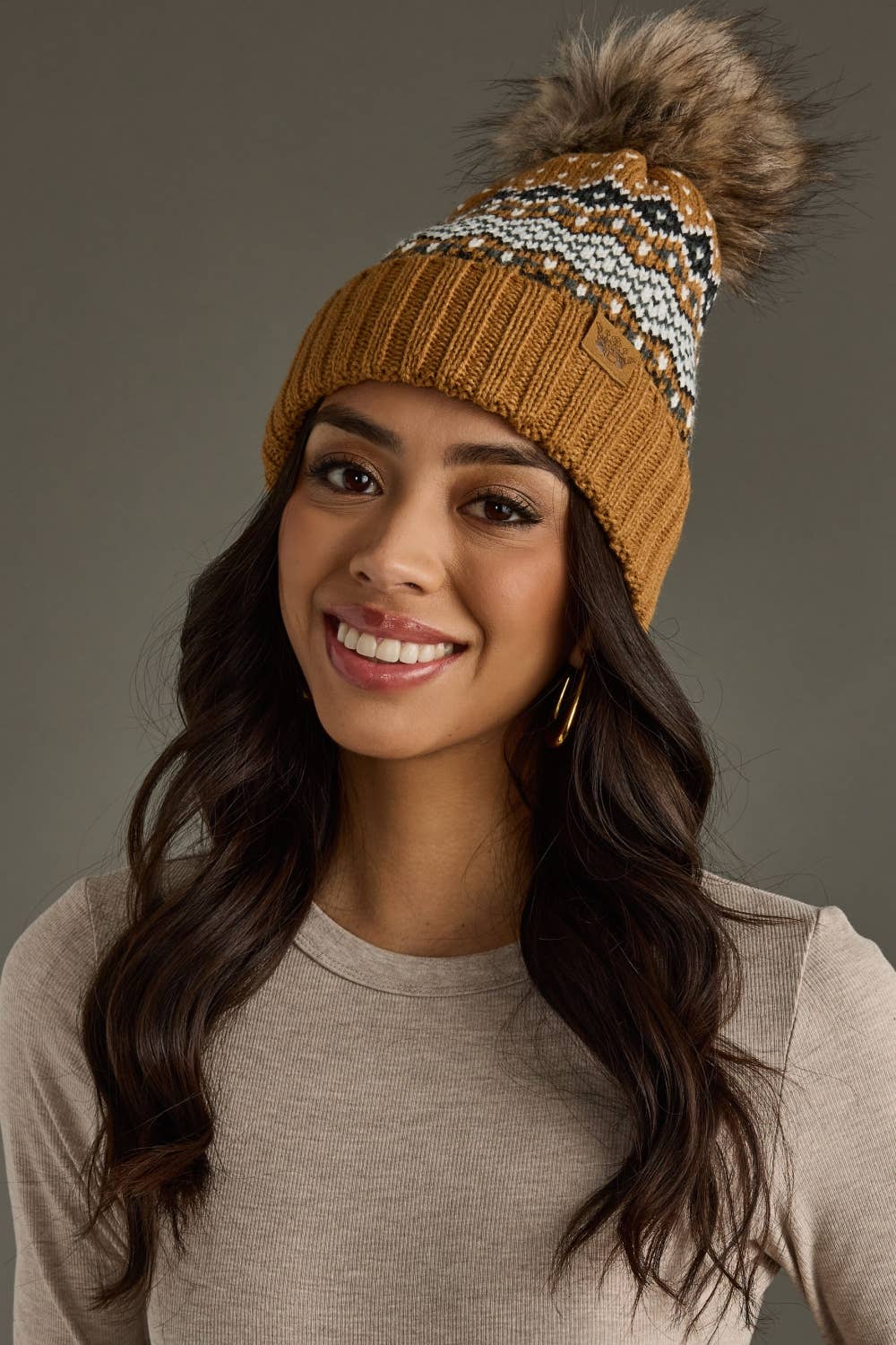 Camel, Black, White & Blue Patterned Pom Hat
