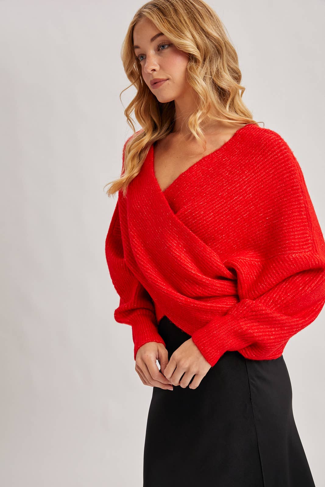 WRAP CROSSOVER RIBBED FUZZY KNIT SWEATER PULLOVER: RUBY / M/L