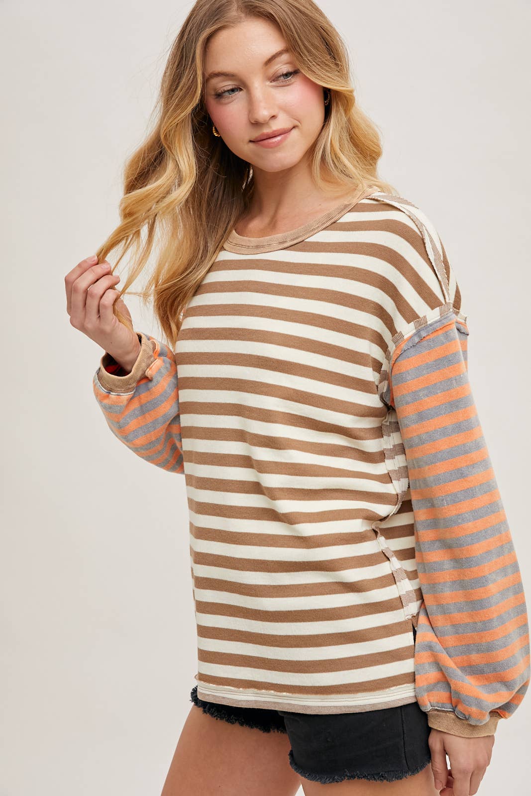 Striped Exposed Seam Loose Fit Pullover Shirt