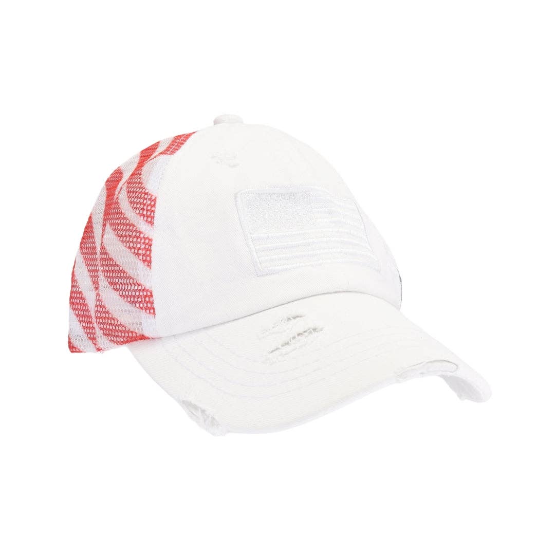 American Flag Criss Cross High Pony C.C Ball Cap BTB8060: White
