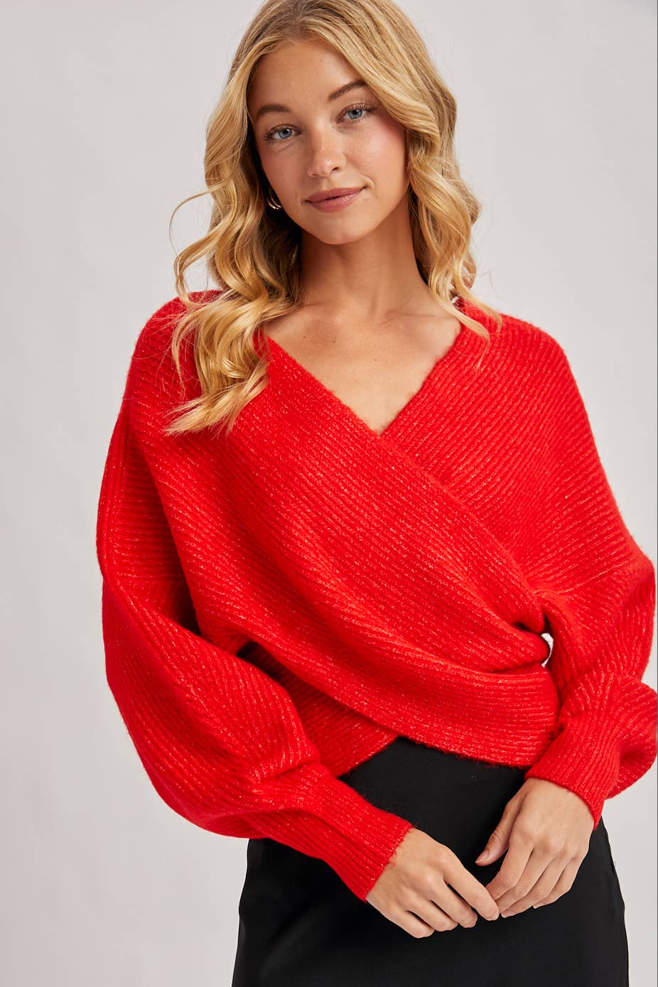 WRAP CROSSOVER RIBBED FUZZY KNIT SWEATER PULLOVER: RUBY / M/L