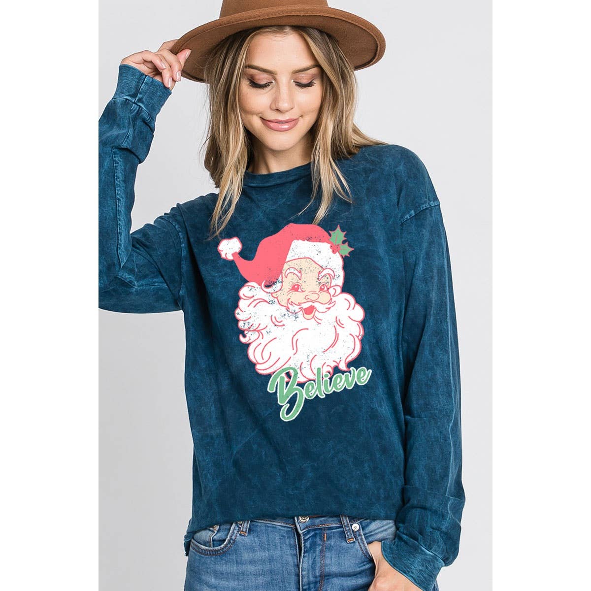 Believe Santa Mineral Crewneck Black Long Sleeve Tee