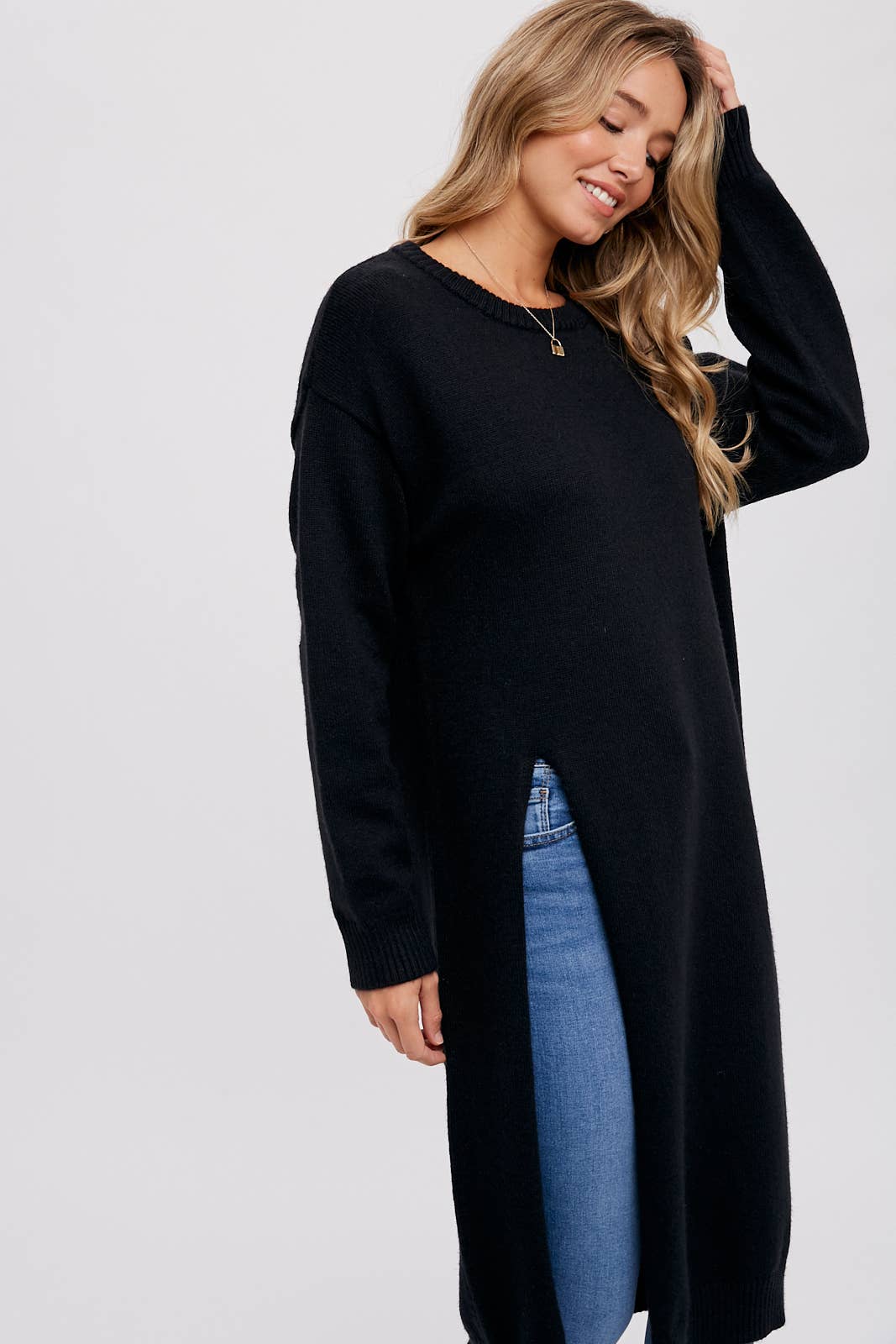 Black High Slip Longline Pullover Sweater