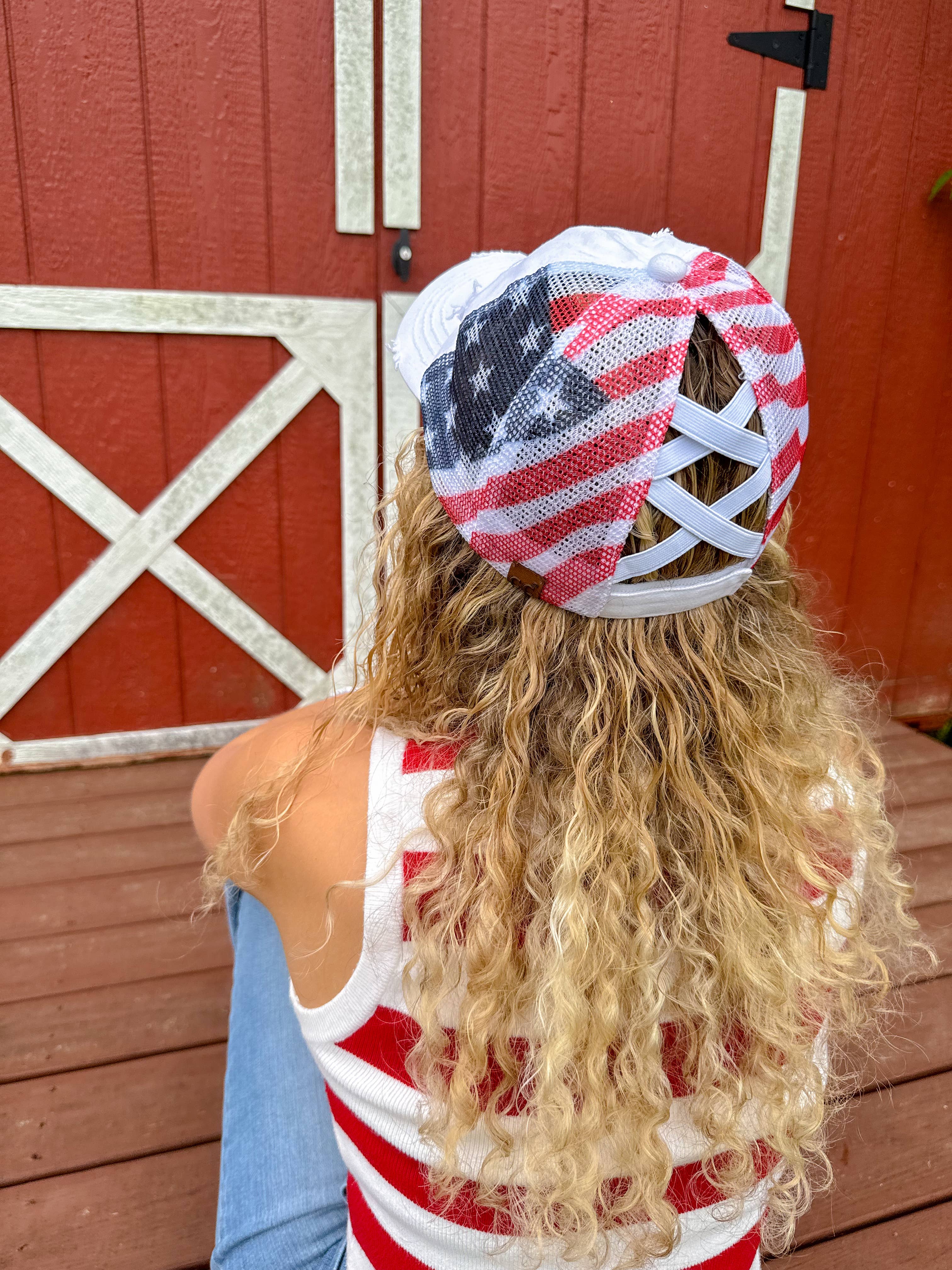 American Flag Criss Cross High Pony C.C Ball Cap BTB8060: White