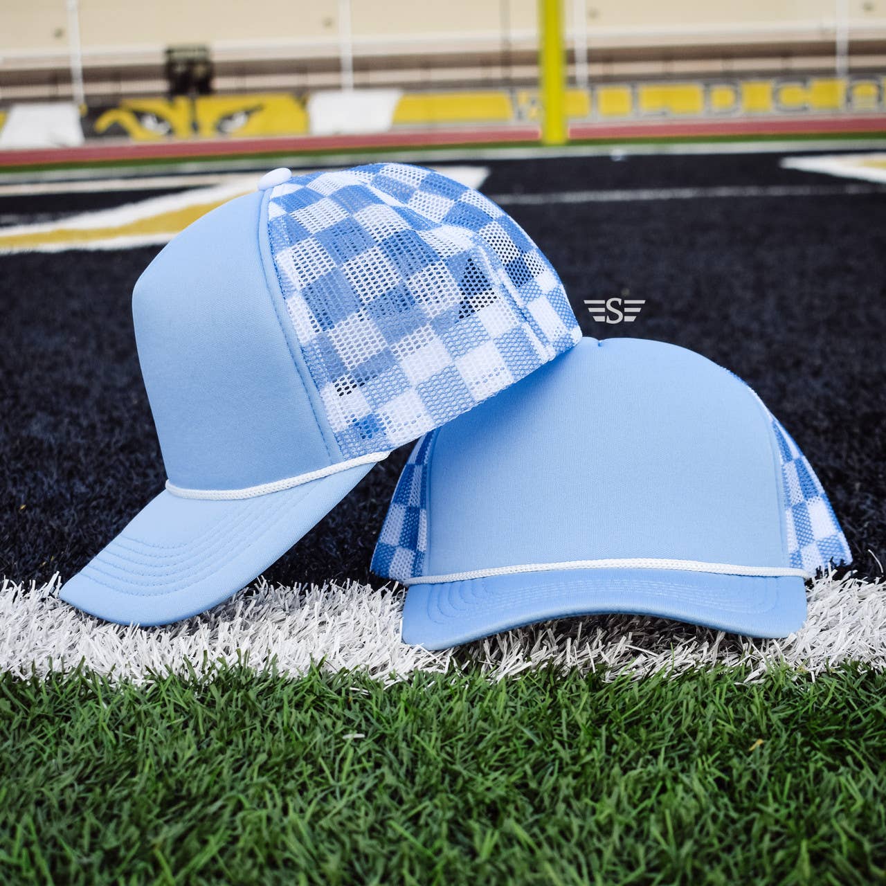 Checkered Mesh Back Cap: Columbia Blue/ White