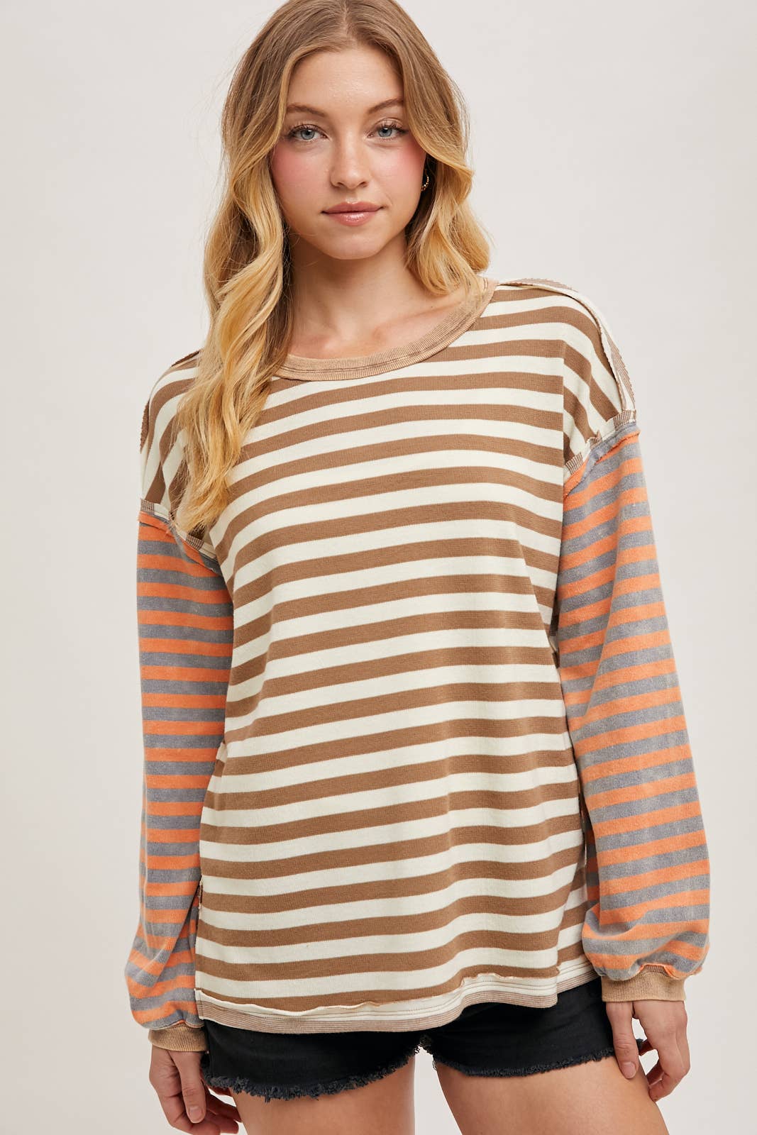 Striped Exposed Seam Loose Fit Pullover Shirt