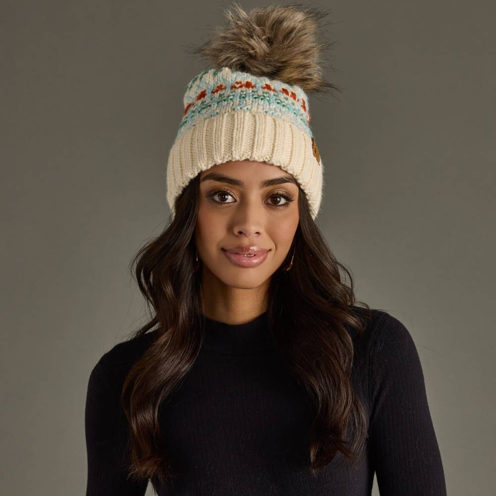 Ivory, Light Blue, Mint & Orange Patterned Pom Hat