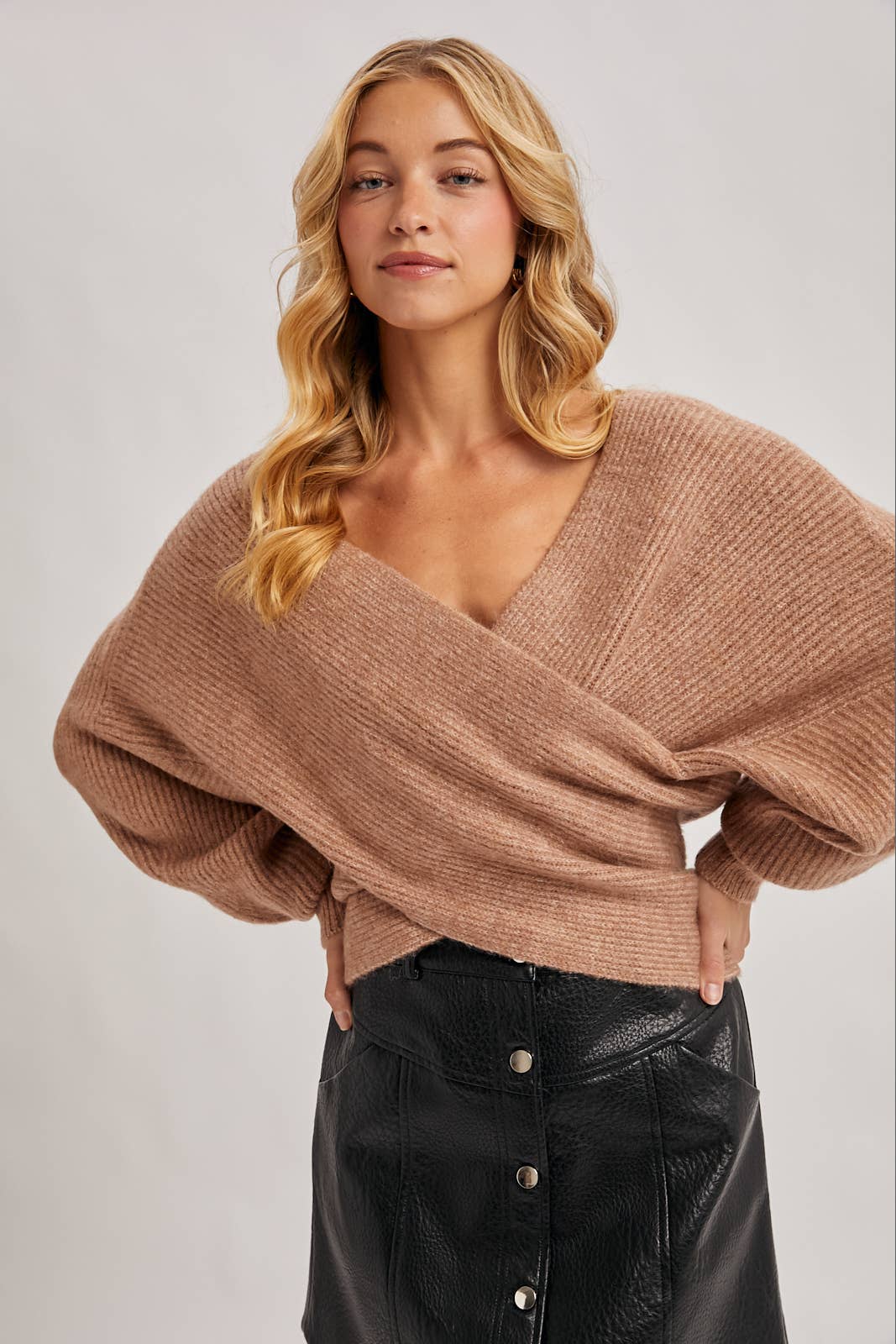 WRAP CROSSOVER RIBBED FUZZY KNIT SWEATER PULLOVER: RUBY / S/M