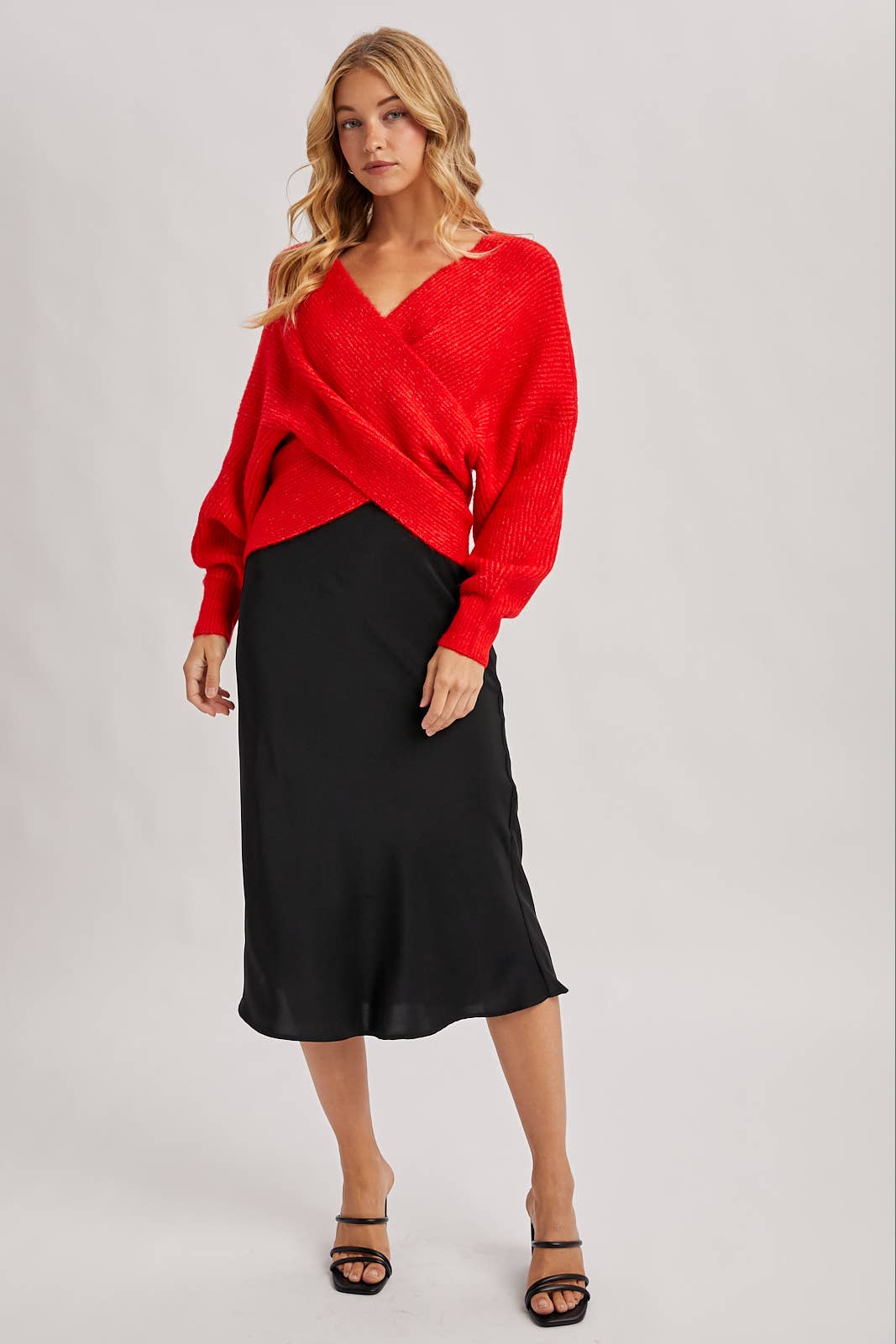 WRAP CROSSOVER RIBBED FUZZY KNIT SWEATER PULLOVER: RUBY / S/M