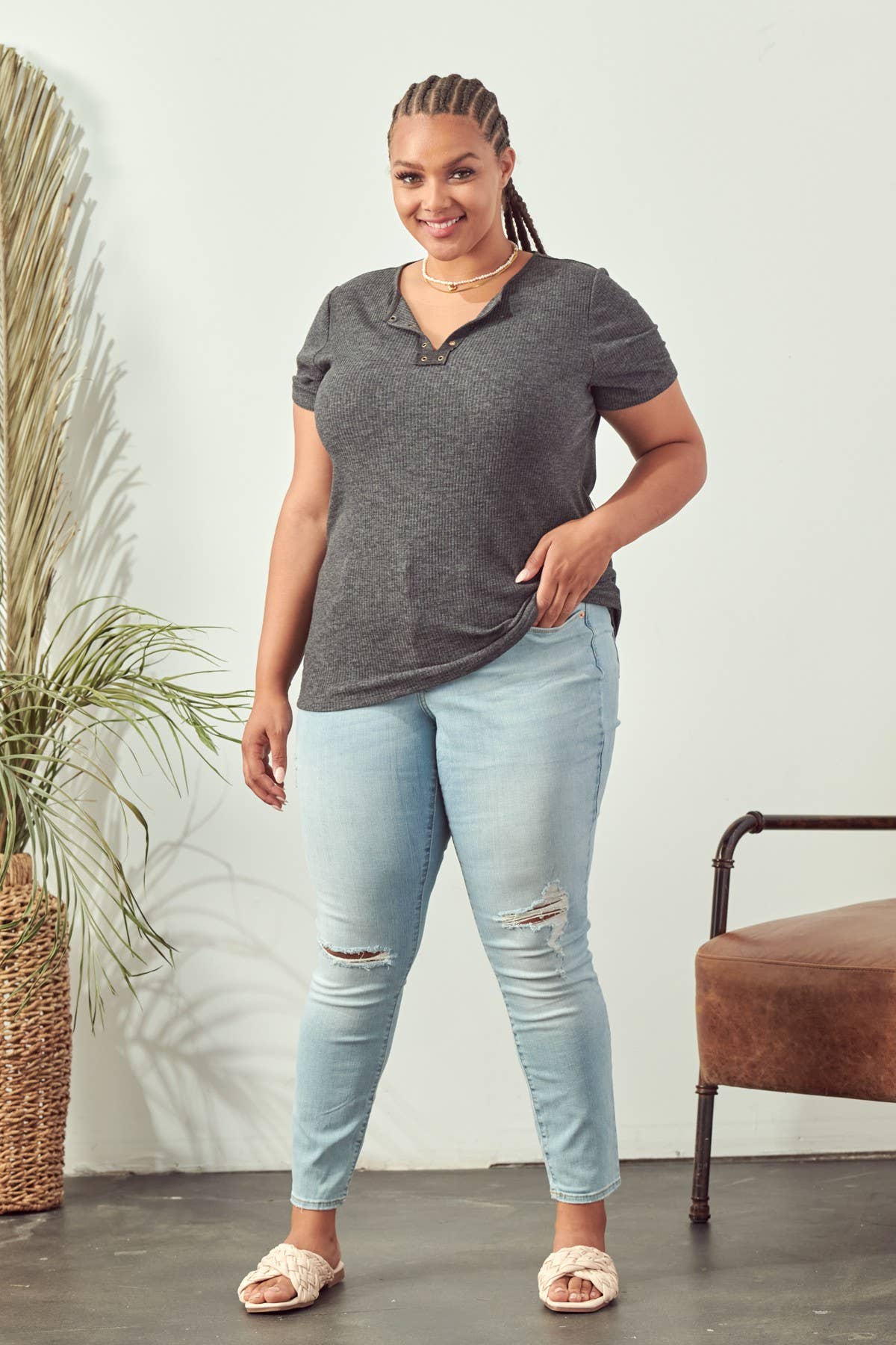 Charcoal Eyelet Placket Curvy Tee