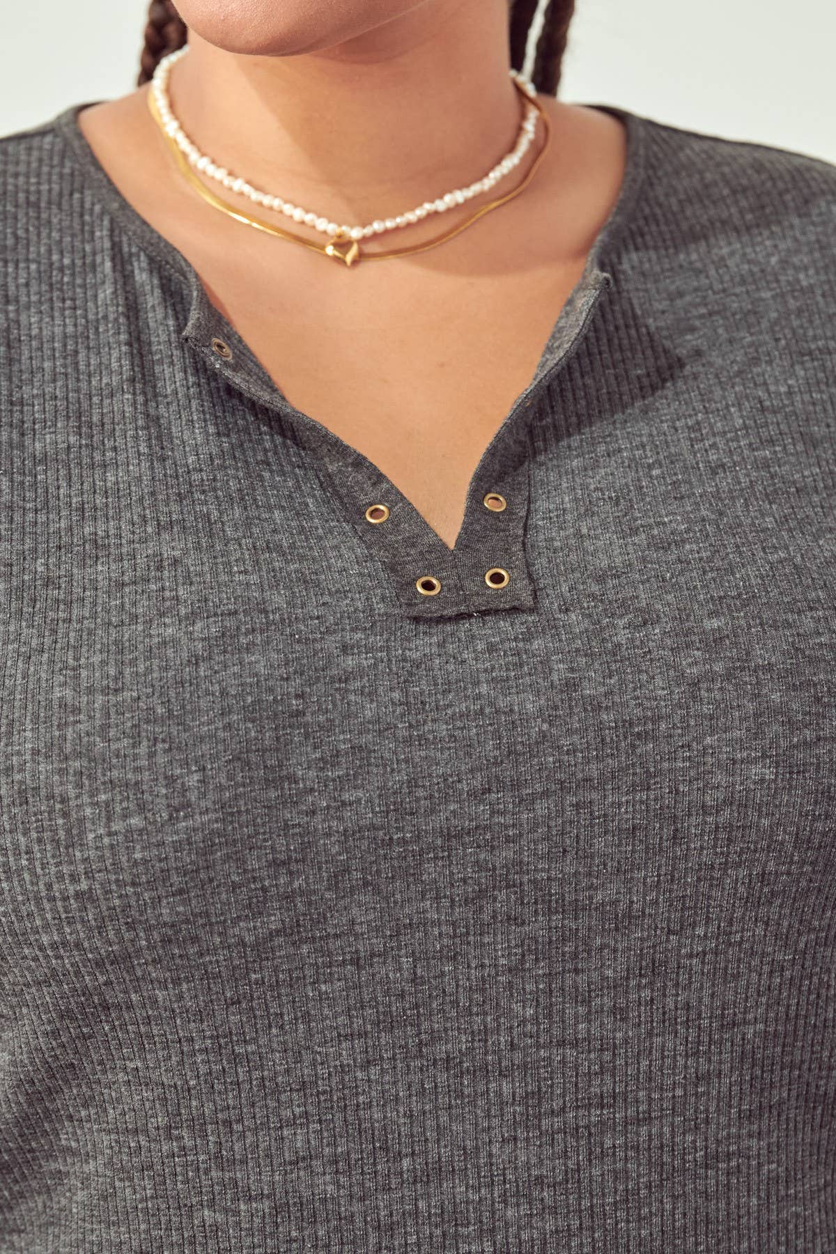 Charcoal Eyelet Placket Curvy Tee