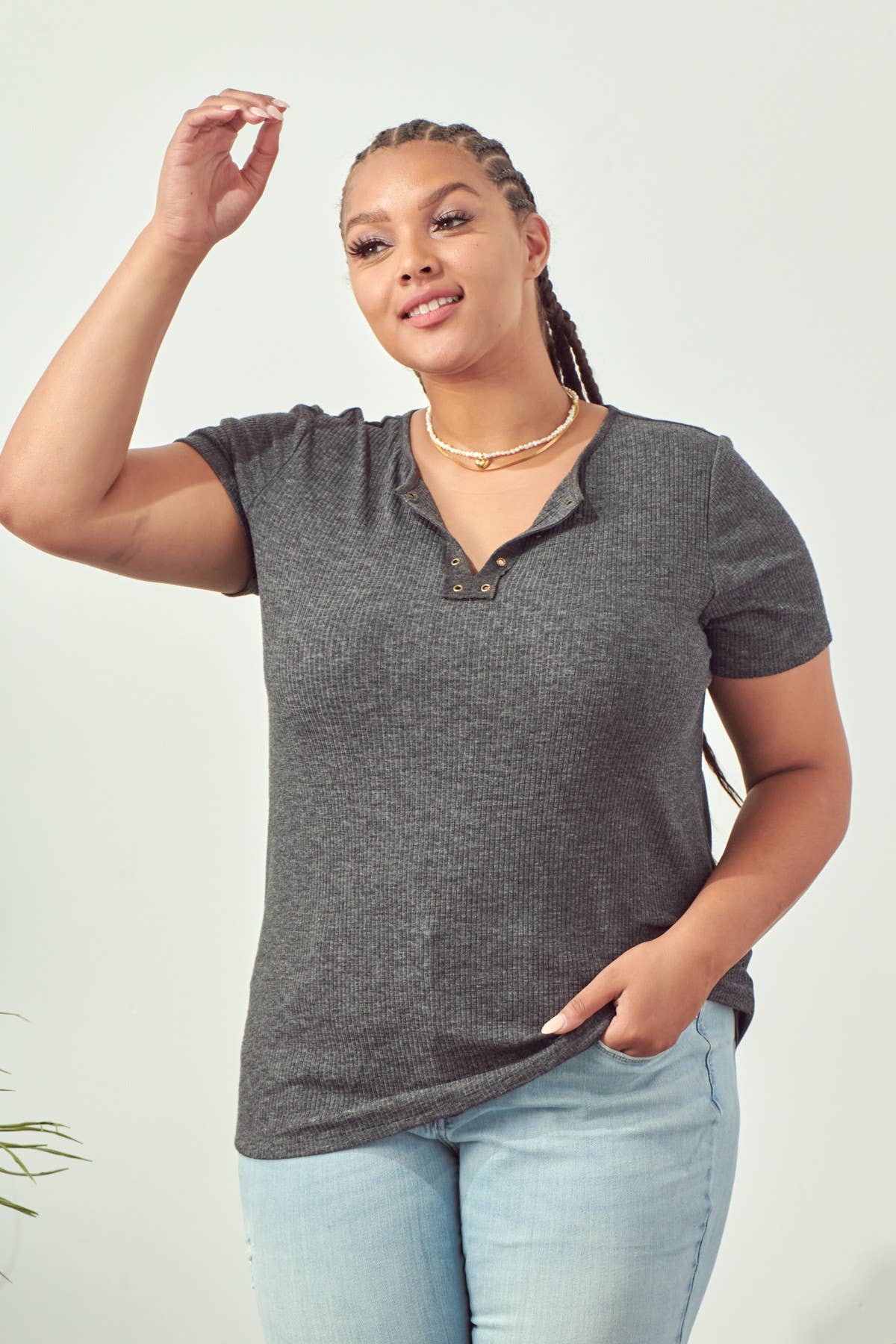 Charcoal Eyelet Placket Curvy Tee