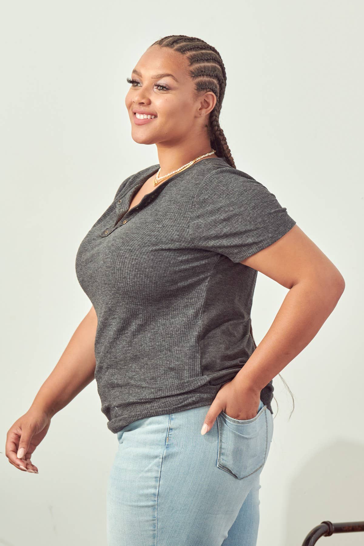 Charcoal Eyelet Placket Curvy Tee
