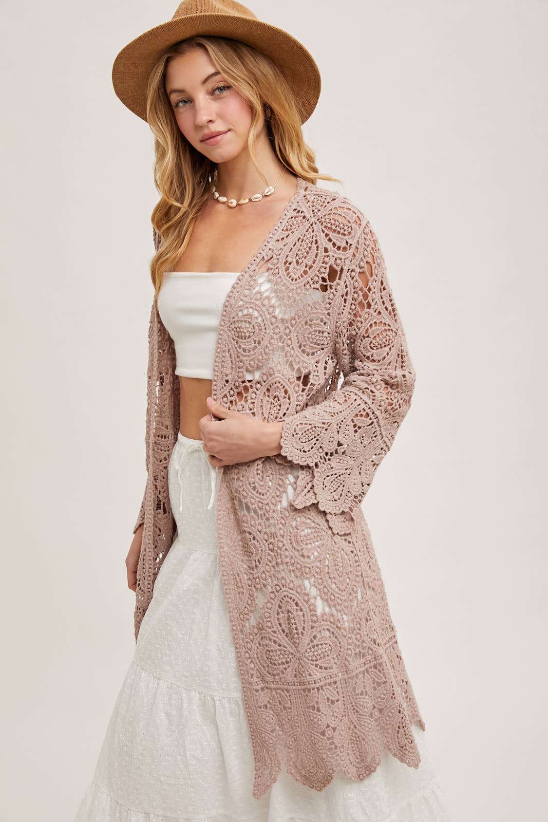 CROCHET OPEN FRONT BELL SLEEVED CARDIGAN: NATURAL / S/M