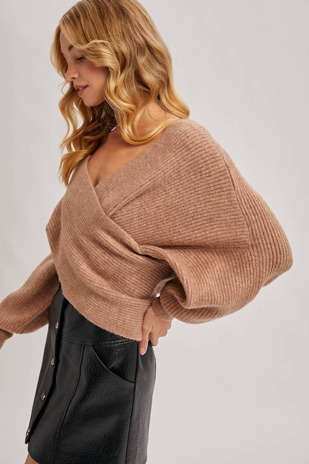 WRAP CROSSOVER RIBBED FUZZY KNIT SWEATER PULLOVER: RUBY / M/L