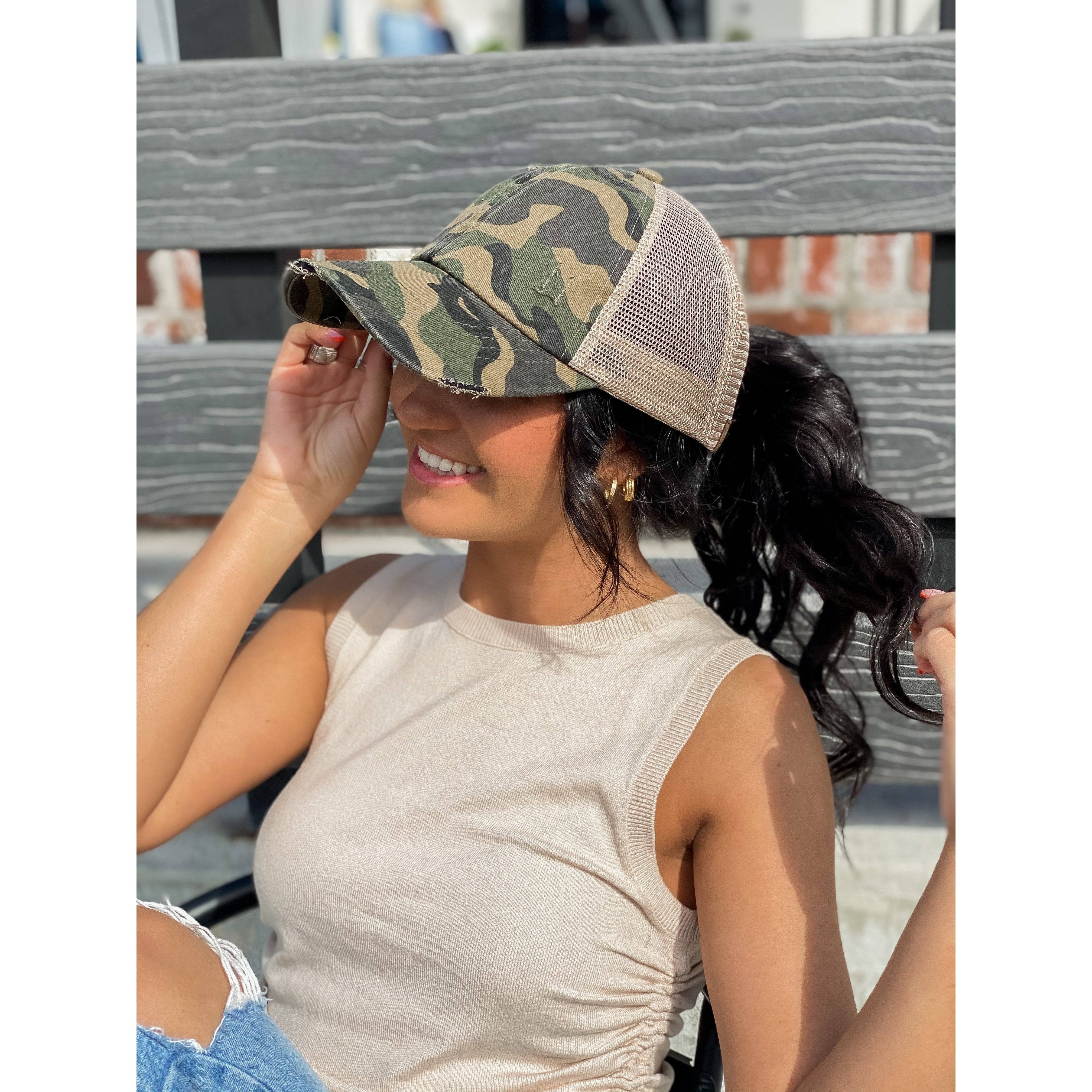 Distressed Camouflage Criss-Cross High Ponytail CC Baseball Hat