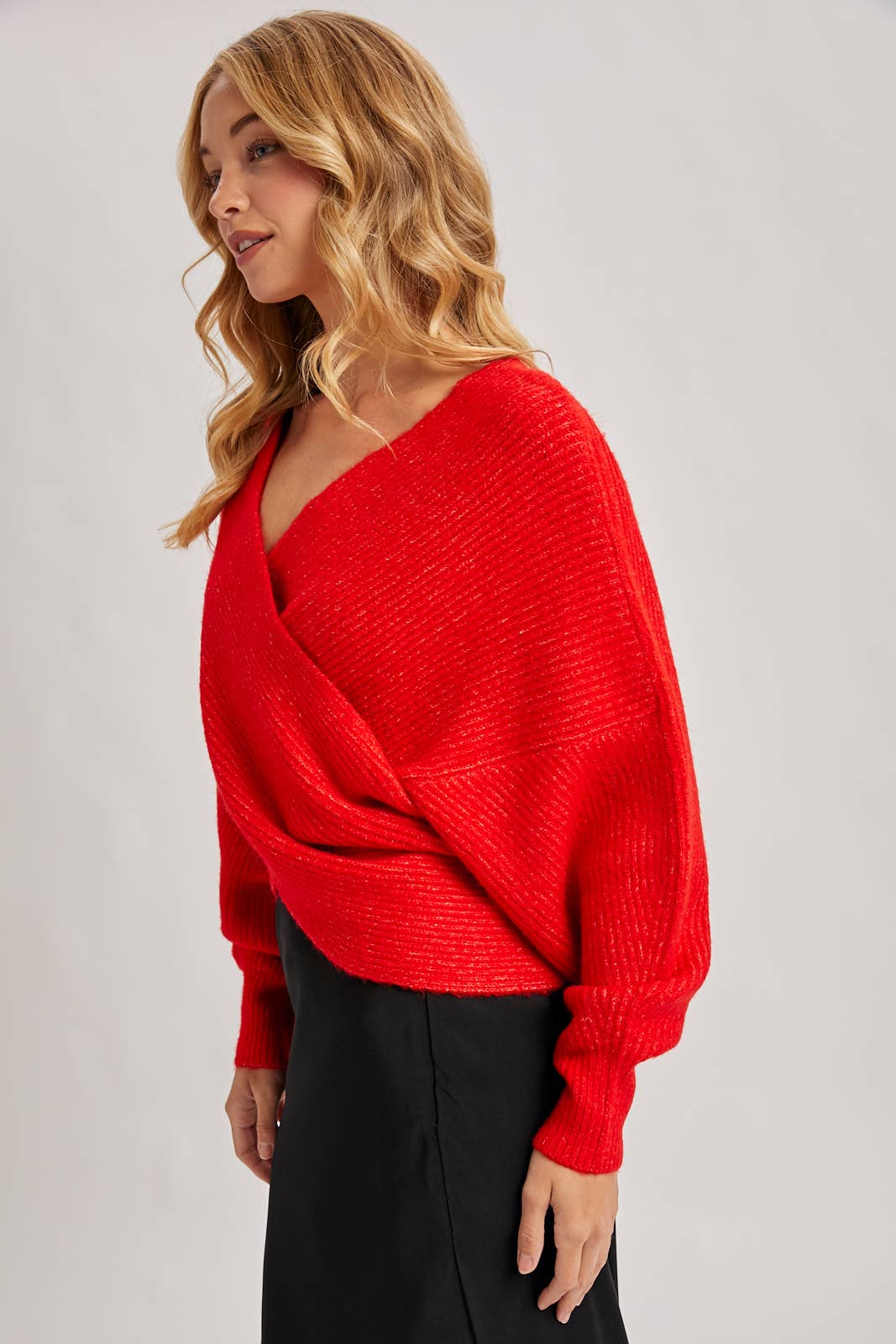 WRAP CROSSOVER RIBBED FUZZY KNIT SWEATER PULLOVER: RUBY / S/M