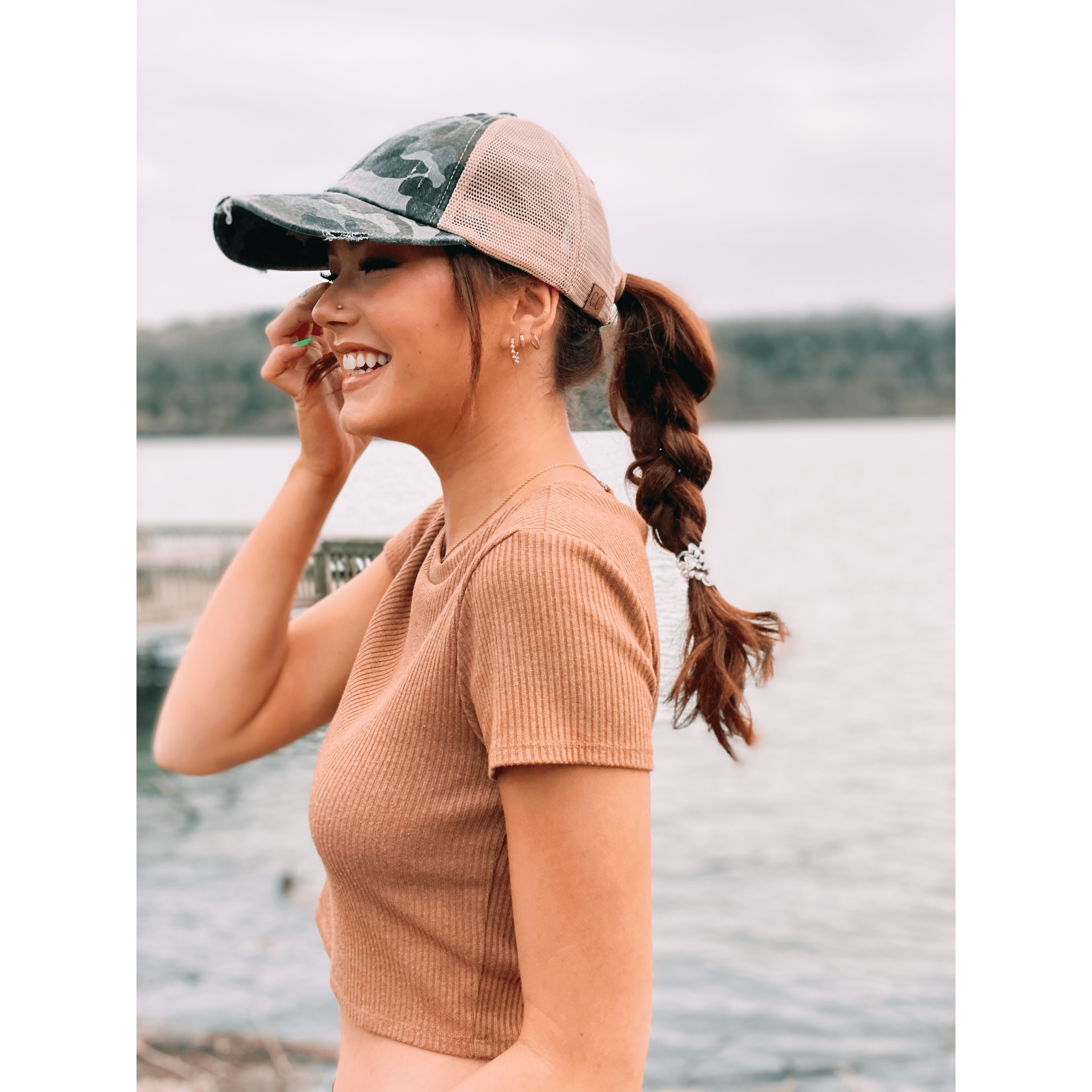 Distressed Camouflage Criss-Cross High Ponytail CC Baseball Hat