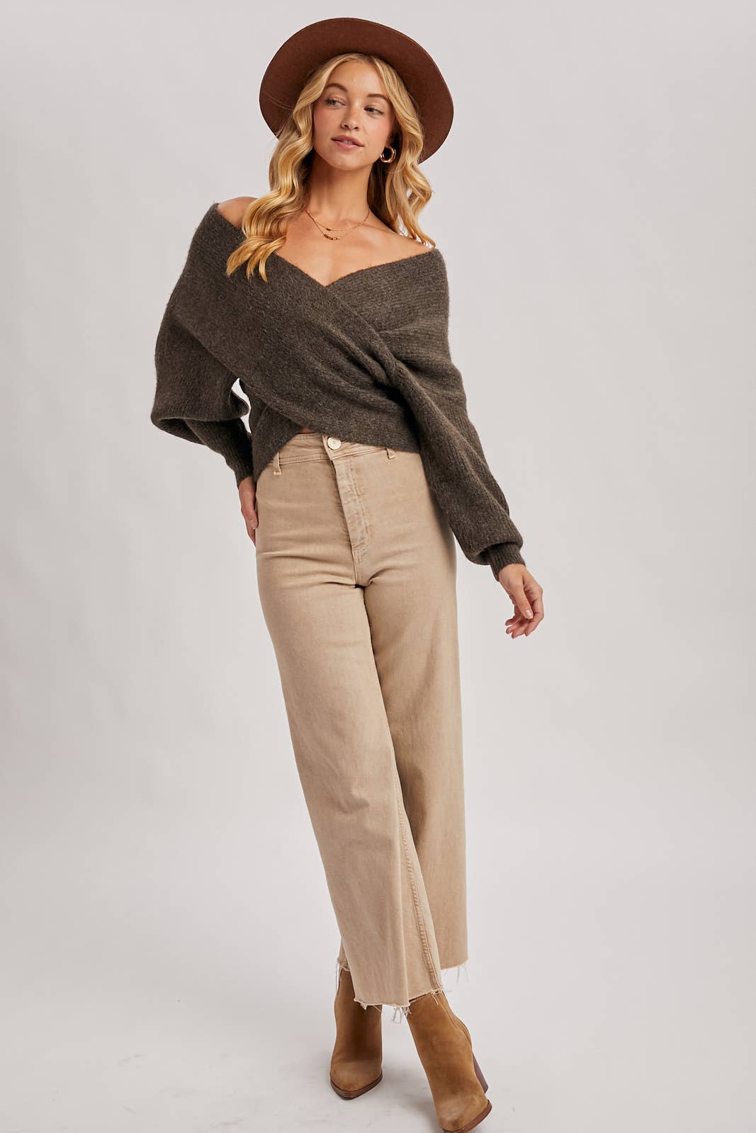 WRAP CROSSOVER RIBBED FUZZY KNIT SWEATER PULLOVER: RUBY / S/M