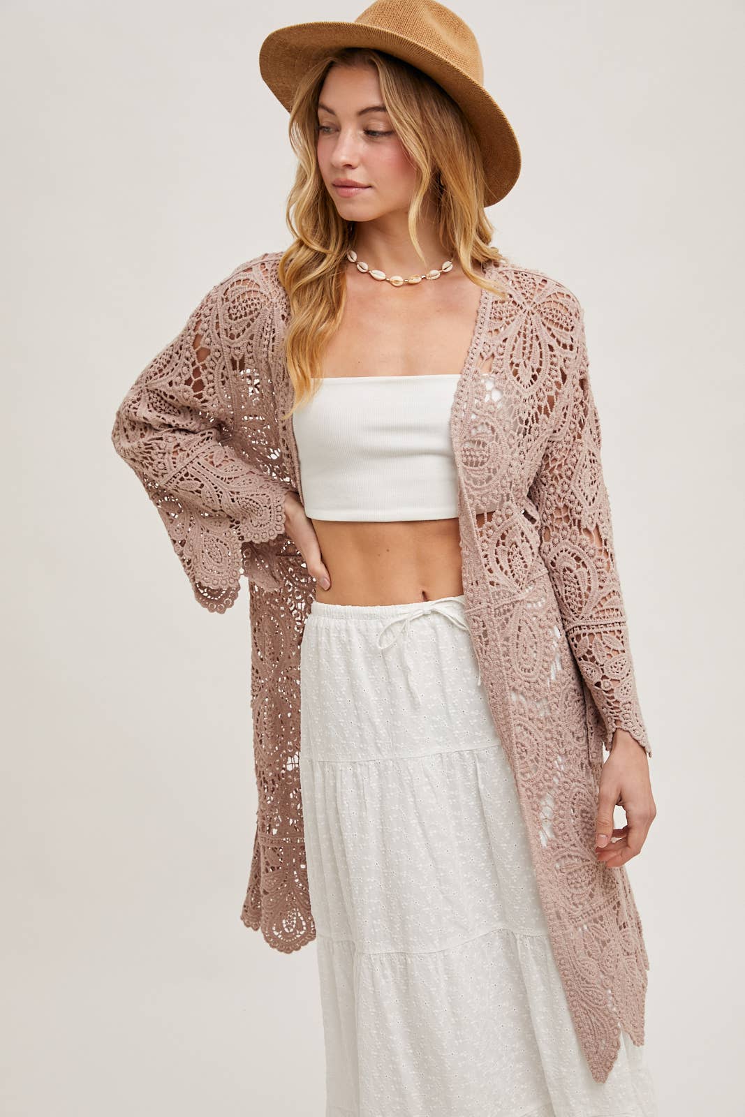 CROCHET OPEN FRONT BELL SLEEVED CARDIGAN: NATURAL / S/M