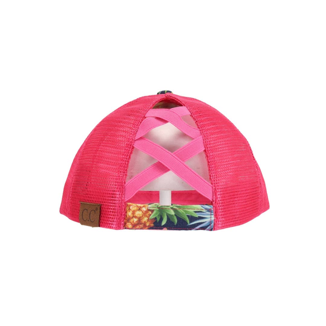 Tropical Palm Print Criss Cross High Pony C.C Ball Cap