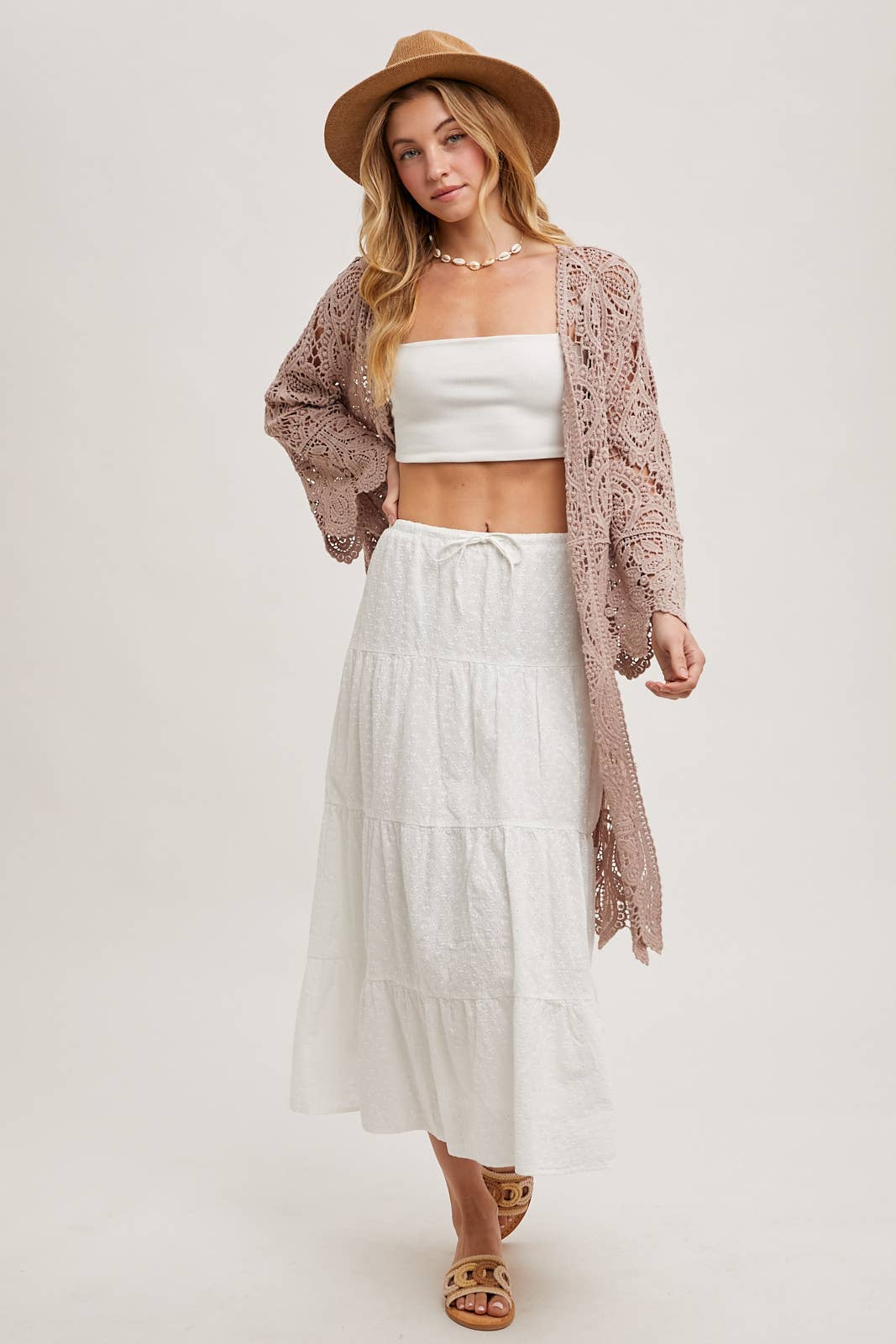 CROCHET OPEN FRONT BELL SLEEVED CARDIGAN: NATURAL / S/M